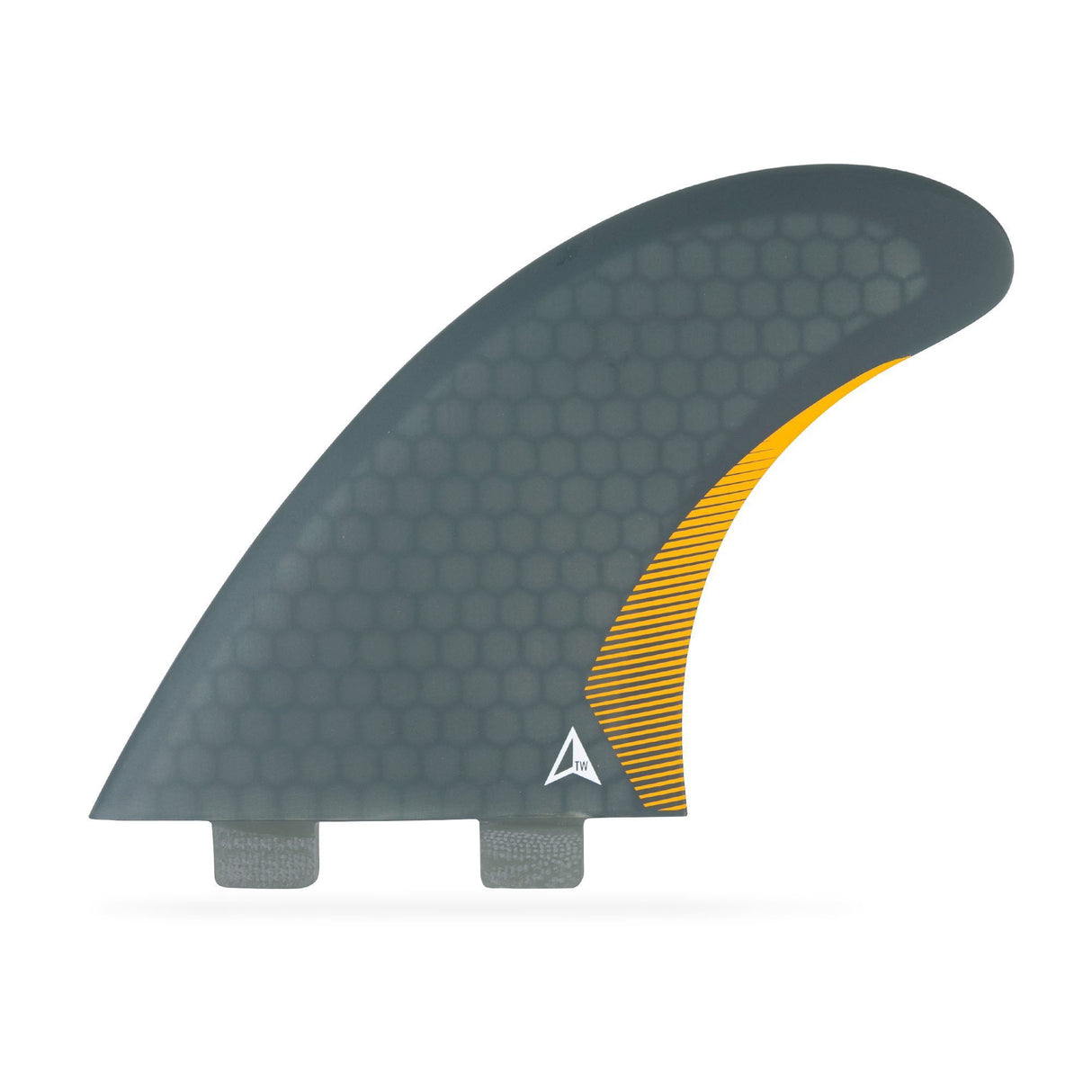 ROAM Twin Finnensatz two tab Surfflossen in Grau und Gelb mit Honeycomb-Struktur, Seitenansicht