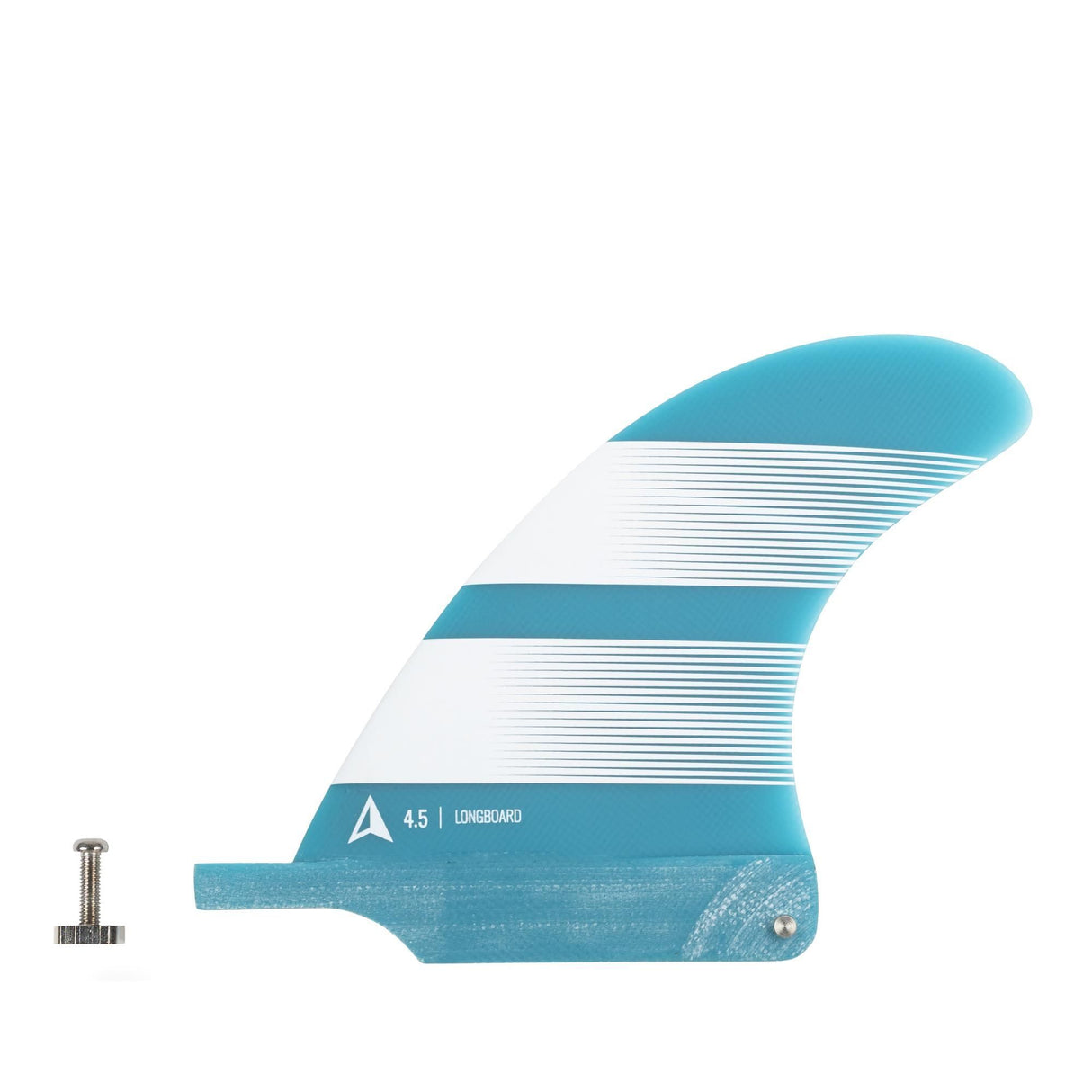 ROAM Surfboard Single Finne US Box in Blau-Weiß mit Streifen-Design, Seitenansicht mit Befestigungsschraube