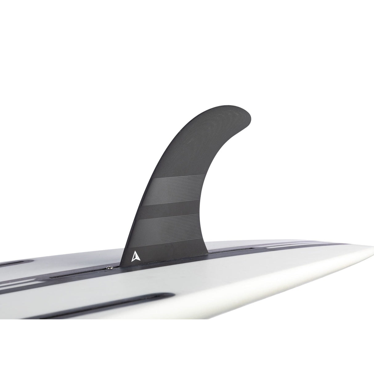 ROAM Surfboard mit schwarzer Single Finne, US Box System, Seitenansicht auf weißem Hintergrund