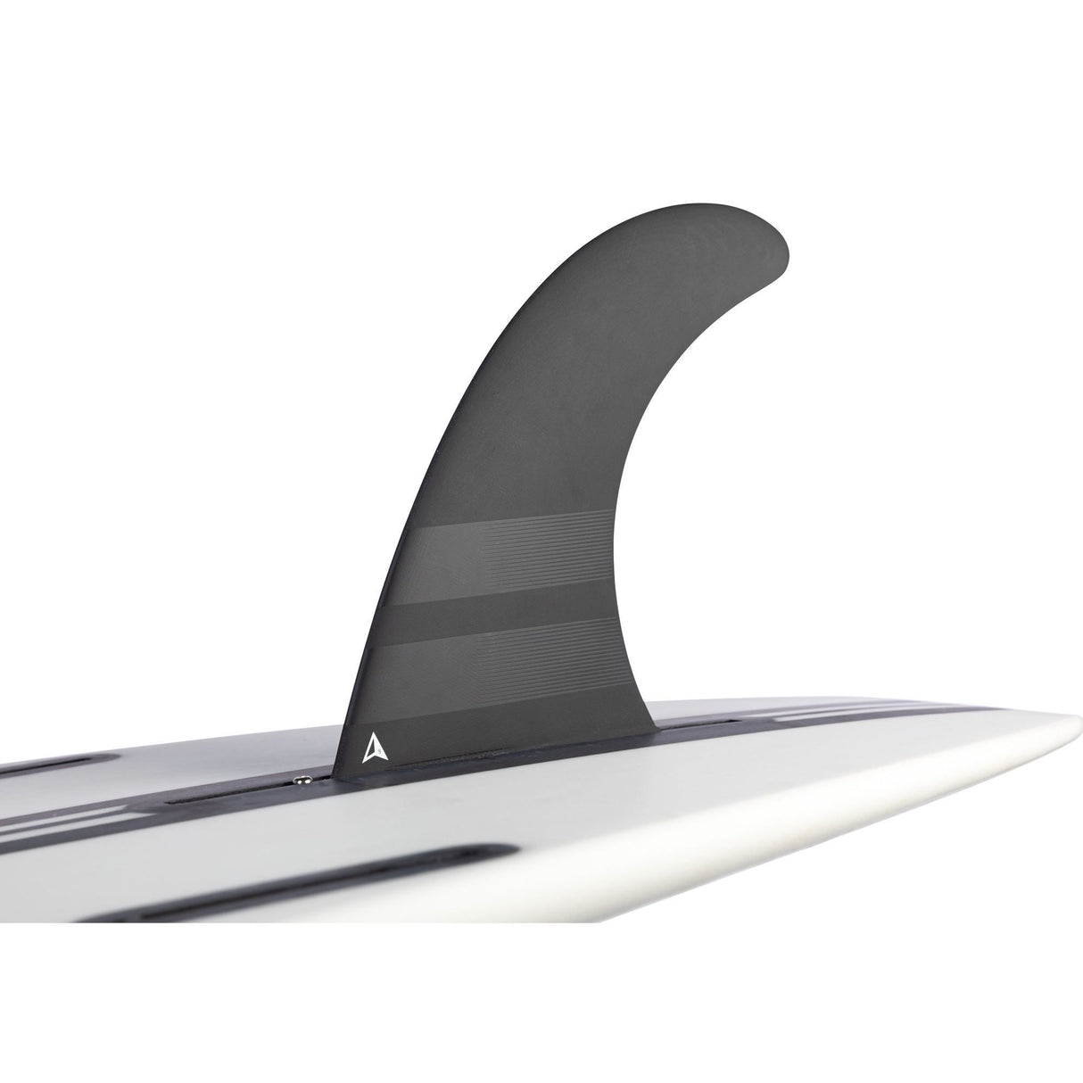 ROAM Surfboard Single Finne US Box mit schwarzer Flosse, weiß-grauem Brett, Seitenansicht