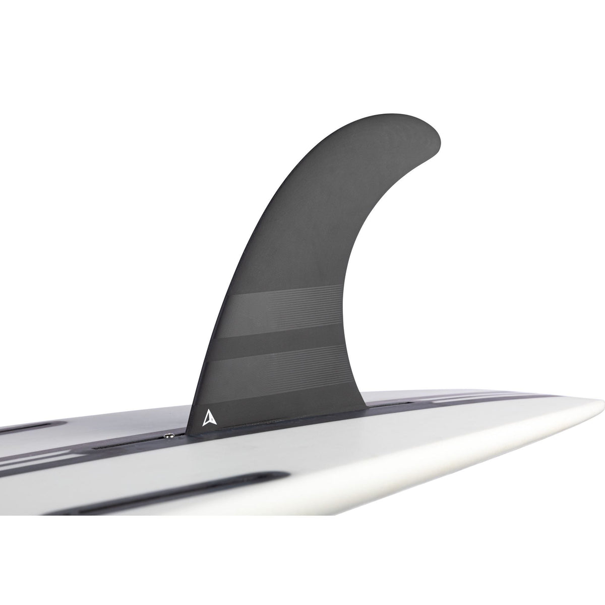 ROAM Surfboard Single Finne US Box mit schwarzer Flosse, weiß-grauem Brett, Seitenansicht