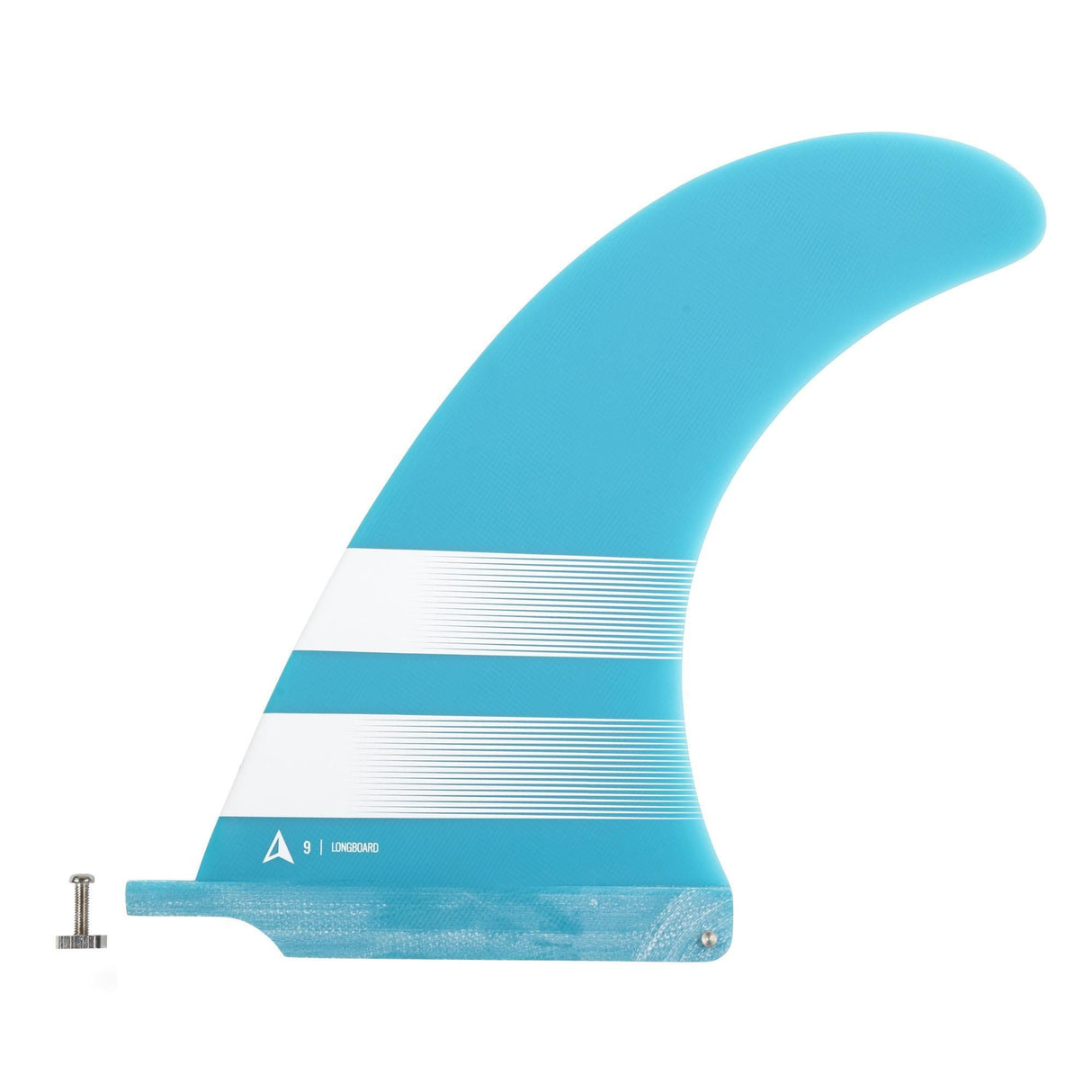 ROAM Surfboard Single Finne US Box, türkis mit weißen Streifen, Seitenansicht mit Befestigungssystem