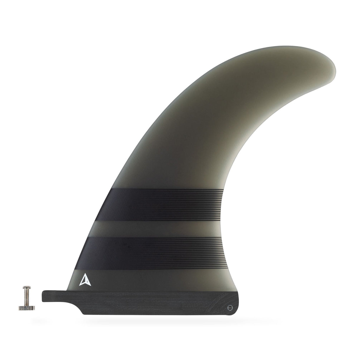 ROAM Surfboard Single Finne US Box, grau-schwarze Flosse mit Rillenstruktur, seitliche Ansicht mit Befestigungszubehör