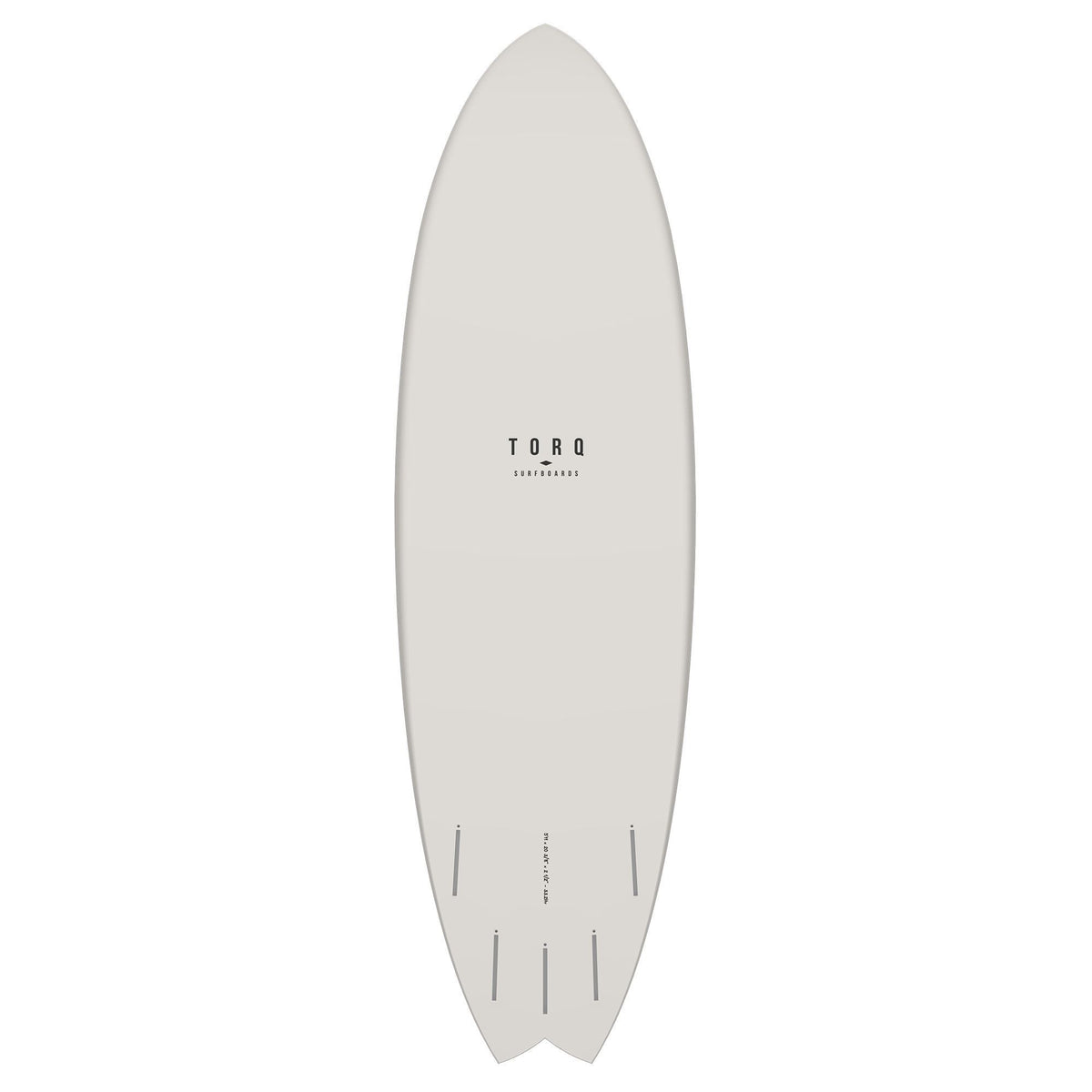 Torq TET MOD Fun & Fish Surfboard in Weiß, Draufsicht auf das vollständige Board mit abgerundetem Nose und Fish-Tail Design