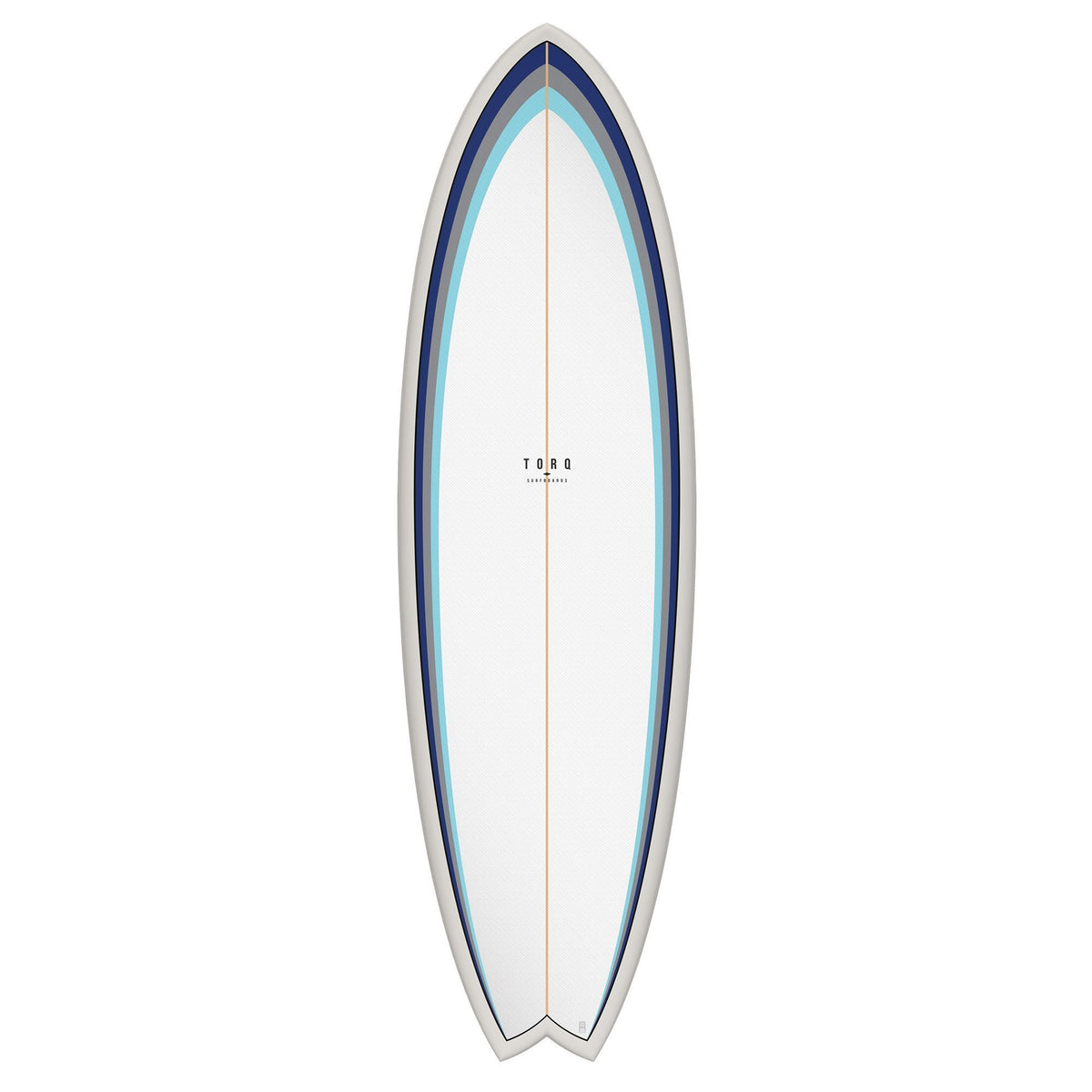 Torq TET MOD Fun & Fish Surfboard, weiß mit blauem Rand, Draufsicht, Fish-Form mit spitzem Nose und breitem Tail
