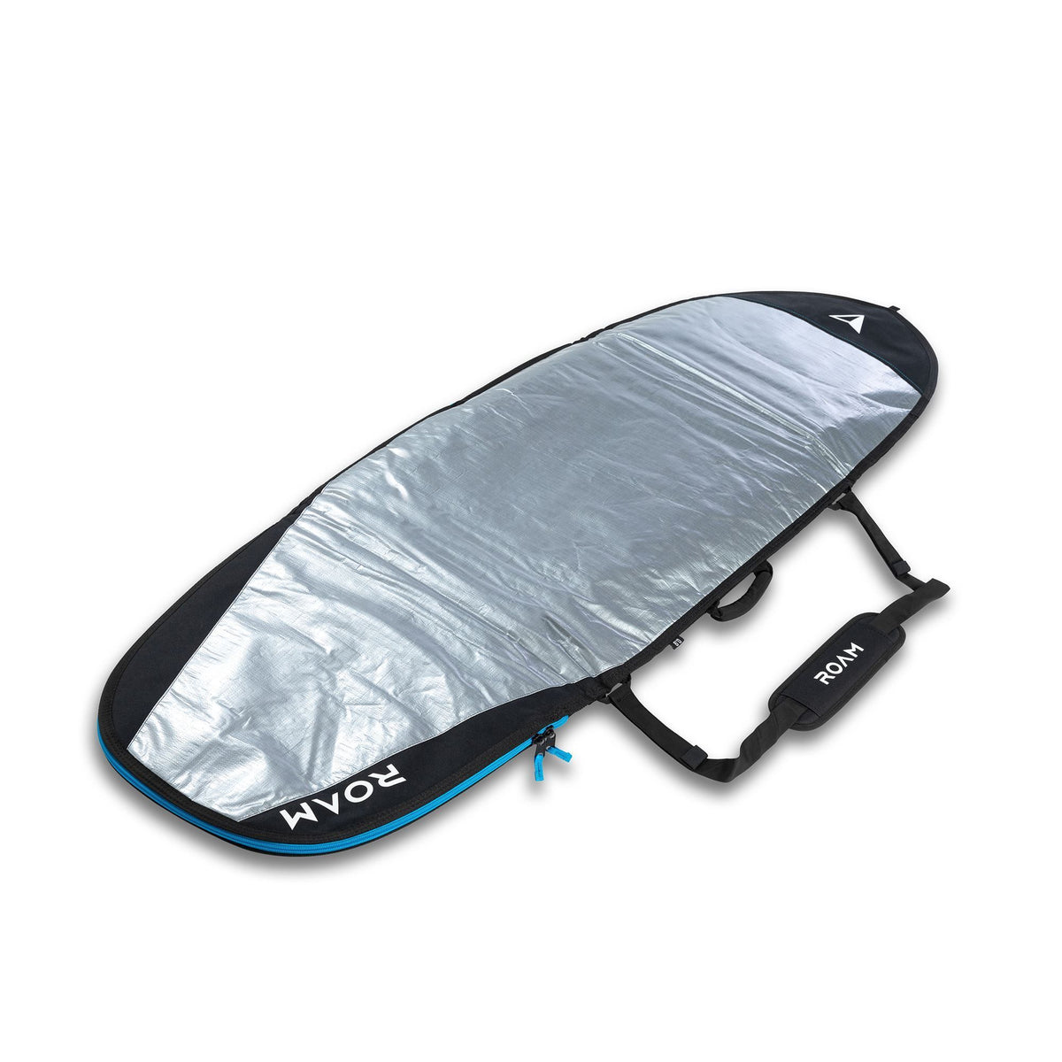 ROAM Surfboard Daylight Fish PLUS, Grau-Silber mit schwarzem Rand und Tragegriffen, Draufsicht
