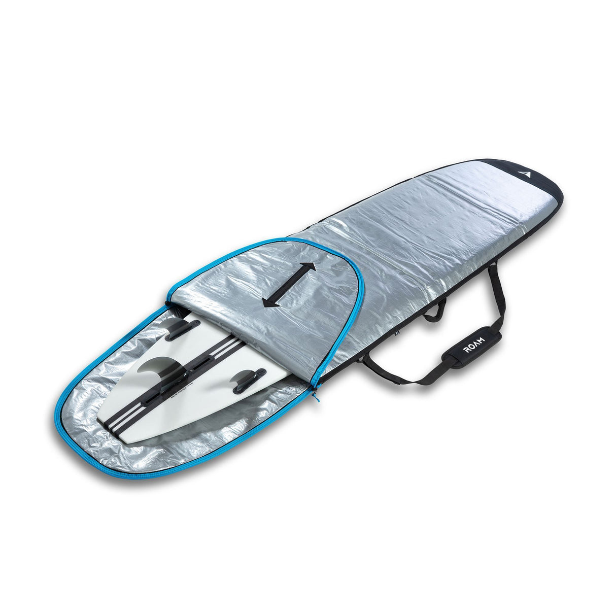 ROAM Surfboard Daylight Long PLUS Transporttasche grau mit blauem Rand, gepolstert, Draufsicht