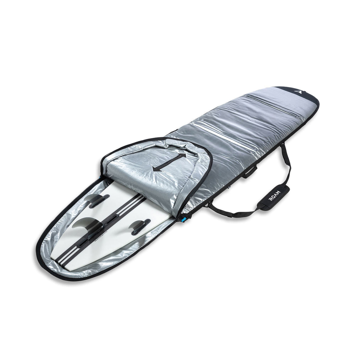 ROAM Tech Boardbag Long PLUS, grau-schwarze Schutzhülle mit Tragegriffen, geöffnet von oben, Draufsicht