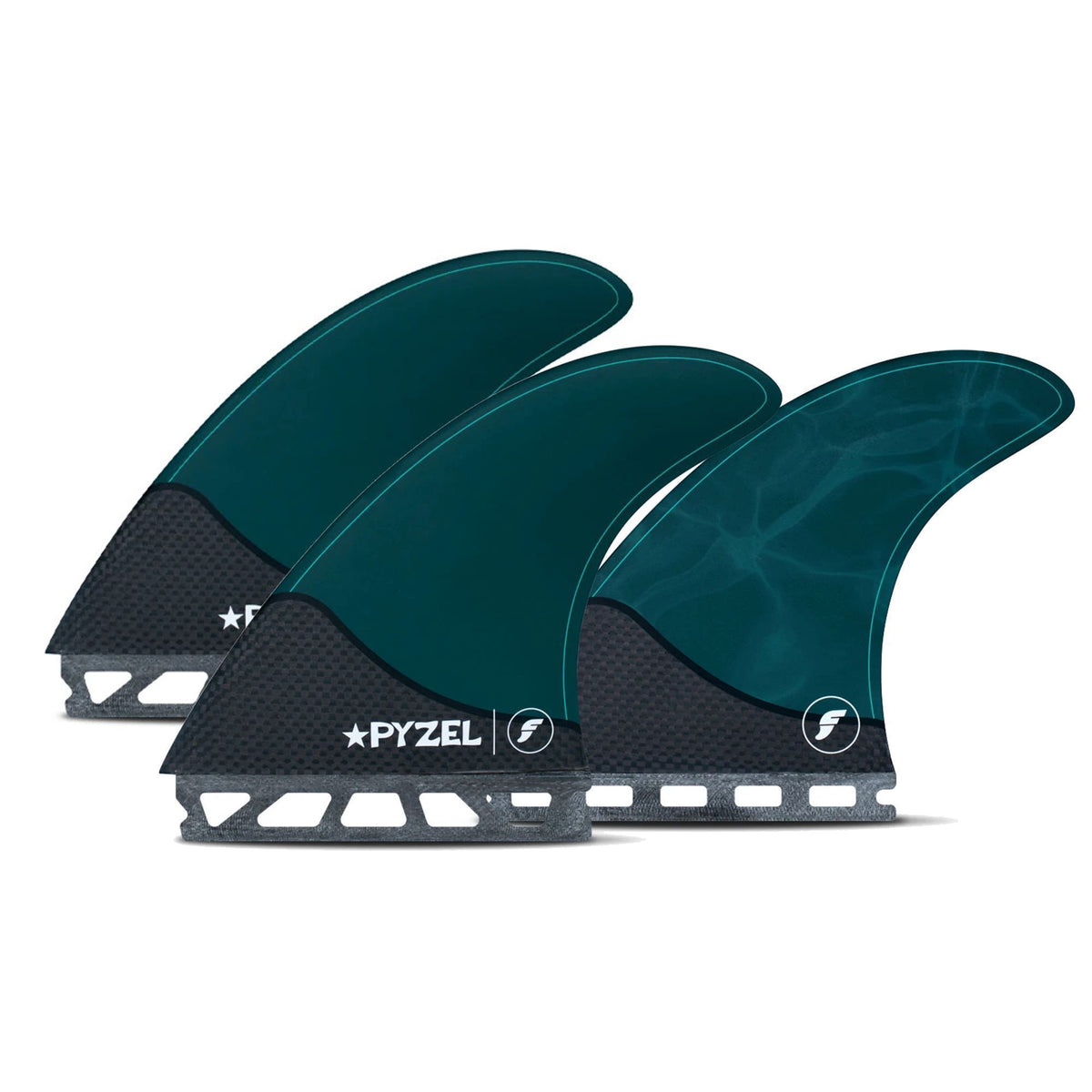 Futures Thruster Finnensatz Pyzel Honeycomb, drei Flossen in Petrol mit schwarzer Honeycomb-Basis, Frontansicht