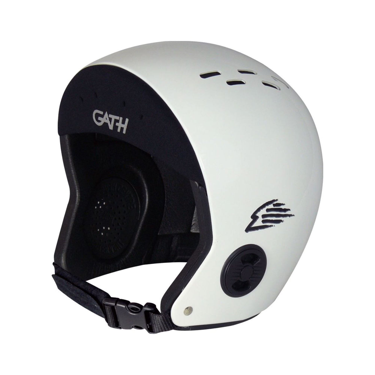 GATH Wassersport Helm Standard Hat NEO, weiß mit schwarzem Innenfutter, seitliche Ansicht, Neopren-Wassersporthelm mit Kinnriemen