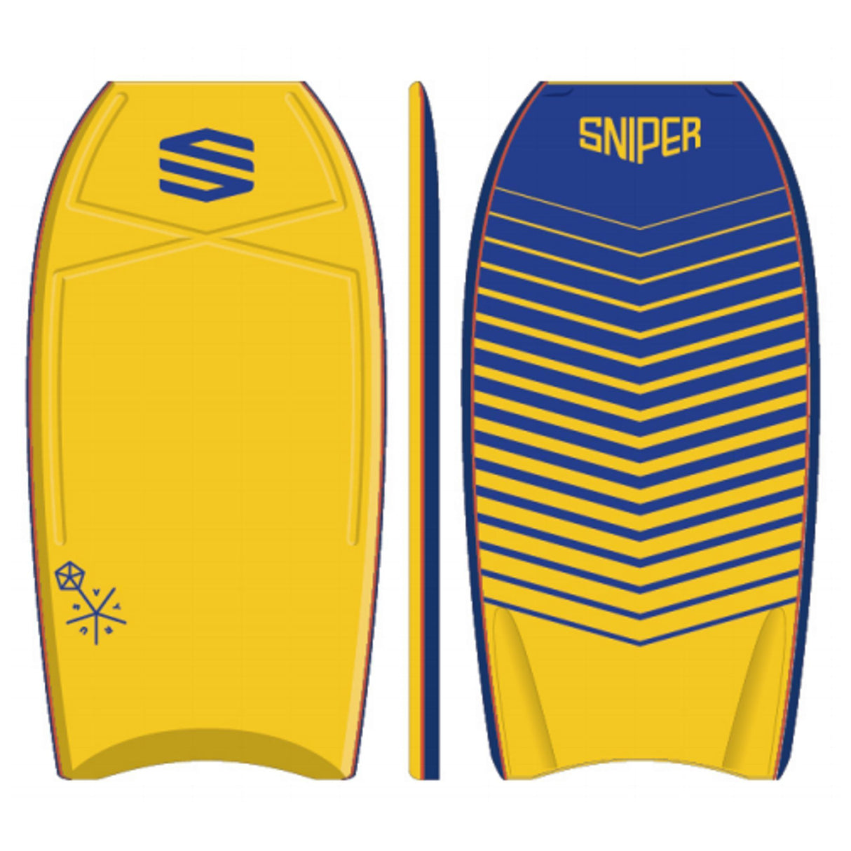 Sniper Bodyboard Vyrus PE Chevron in Gelb und Blau, PE-Material, mit Chevron-Muster, Draufsicht und Seitenansicht