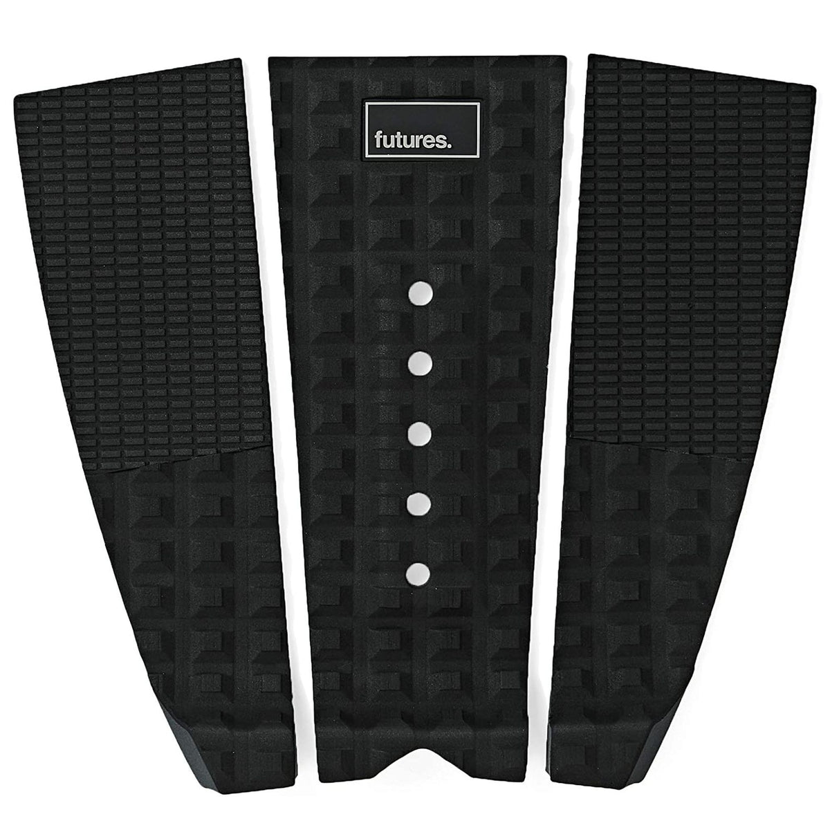 Futures Traction Pad Voodoo schwarzes Surfboard-Grip-Pad mit strukturierter Oberfläche und weißen Befestigungspunkten, Draufsicht