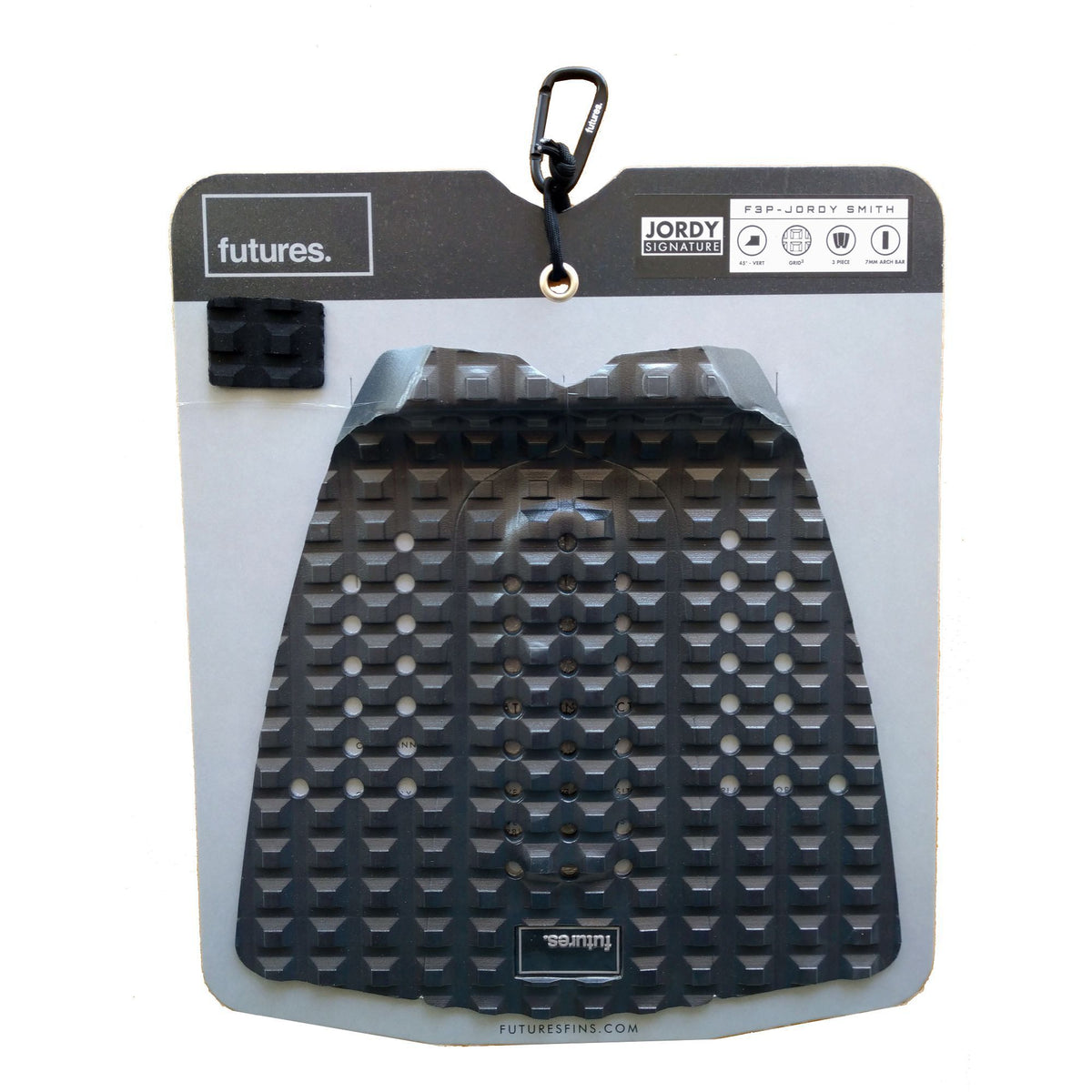 Futures Traction Pad Jordy, schwarze Strukturoberfläche mit Noppen-Muster, Draufsicht auf Verpackung