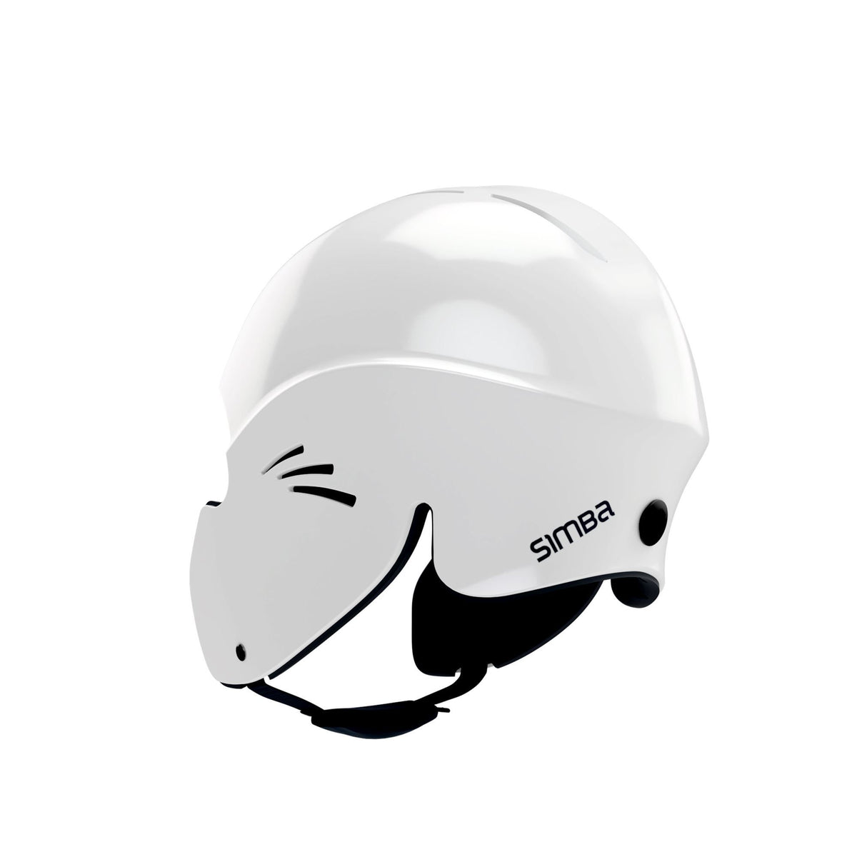 Simba Sentinel Wassersport Helm weiß mit schwarzem Kinnriemen, Seitenansicht, glatte Kunststoffoberfläche mit Belüftungslöchern