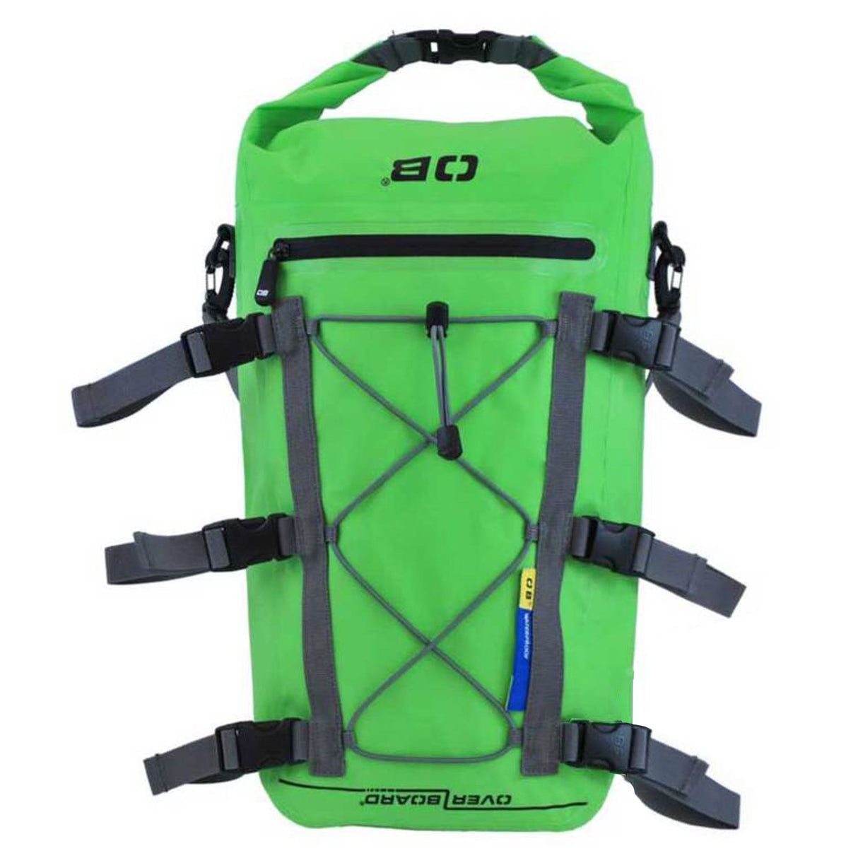 OverBoard wasserdichte SUP Kajak Tasche 80L grün mit schwarzen Gurten und Griffen, Frontansicht