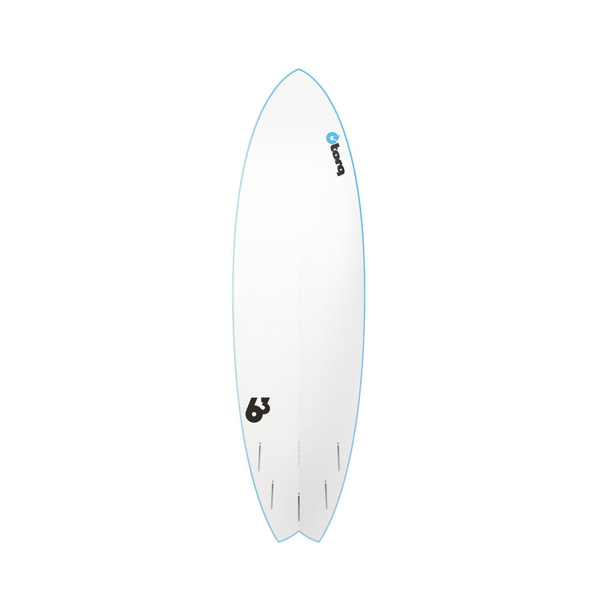 Torq Mod Fish Softboard in Weiß mit blauer Kante, Draufsicht des Shortboards mit Fish-Form und Fin-Slots