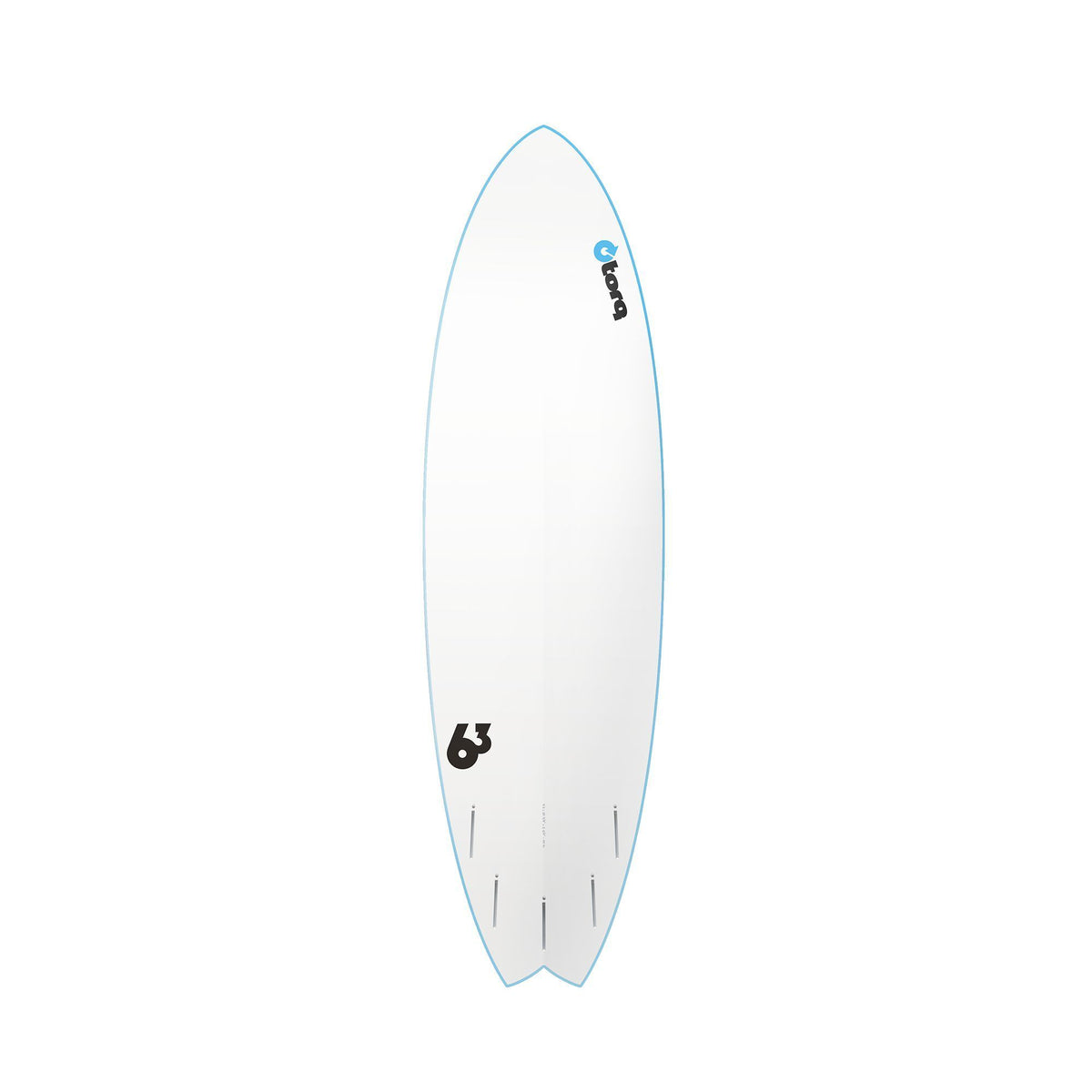 Torq Mod Fish Softboard in Weiß mit blauer Kante, Draufsicht des Shortboards mit Fish-Form und Fin-Slots