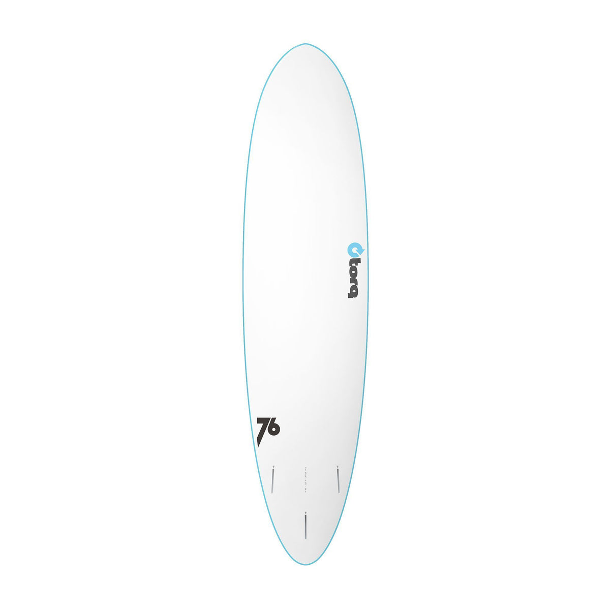 Torq Softboard Funboard weiss mit türkisfarbenem Rail, Draufsicht auf das komplette Board