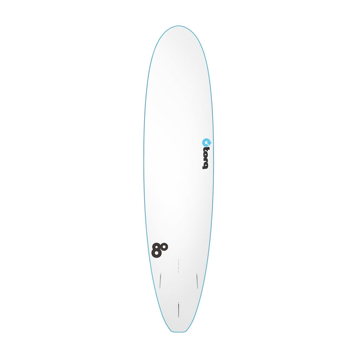 Torq Softboard Longboard Weißes Surfboard mit blauer Kante Draufsicht