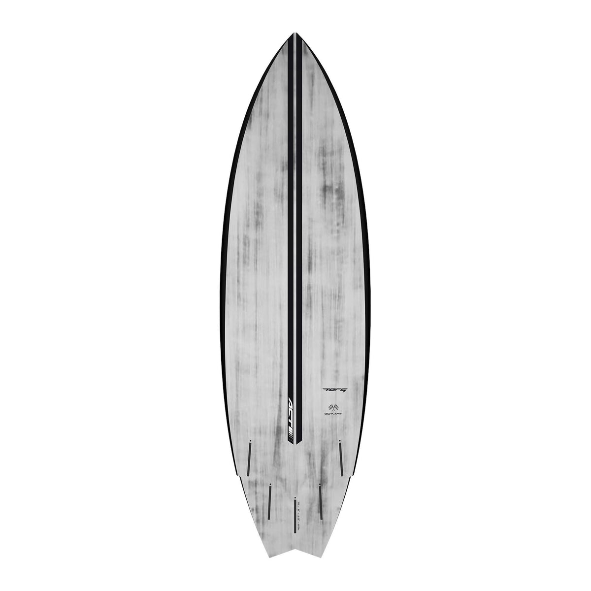 Torq ACT Prepreg Go-Kart Surfboard in Grau und Schwarz, Draufsicht auf kompaktes Shortboard mit Prepreg-Material