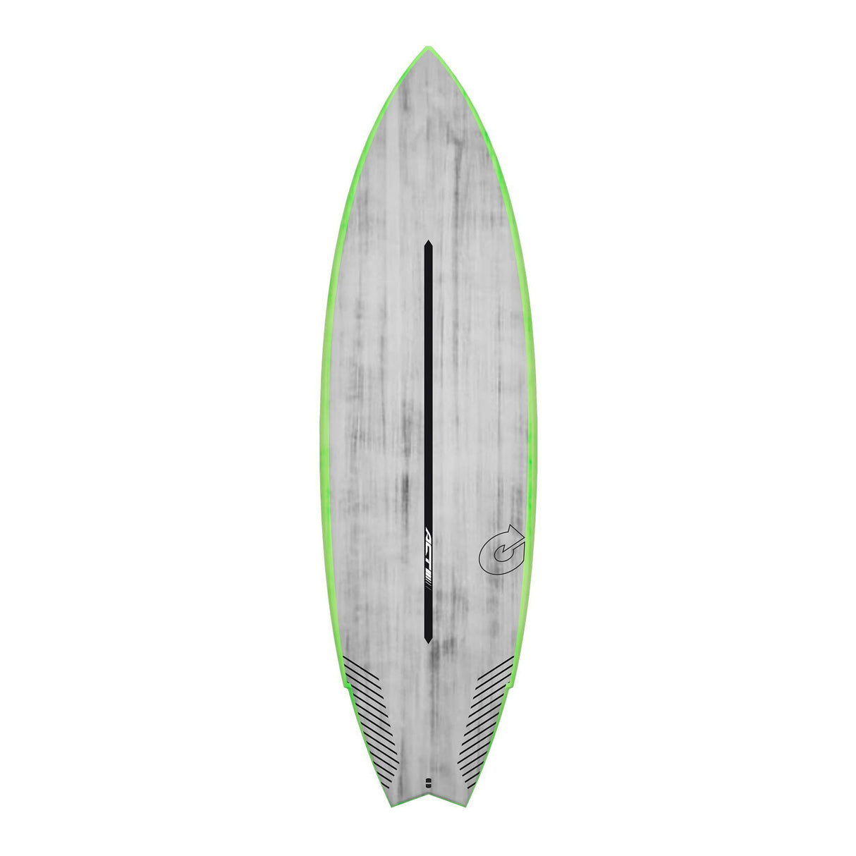 Torq ACT Prepreg Go-Kart Surfboard, grau mit grüner Kante, Draufsicht, kompakte Fischform mit schwarzem Mittelstreifen