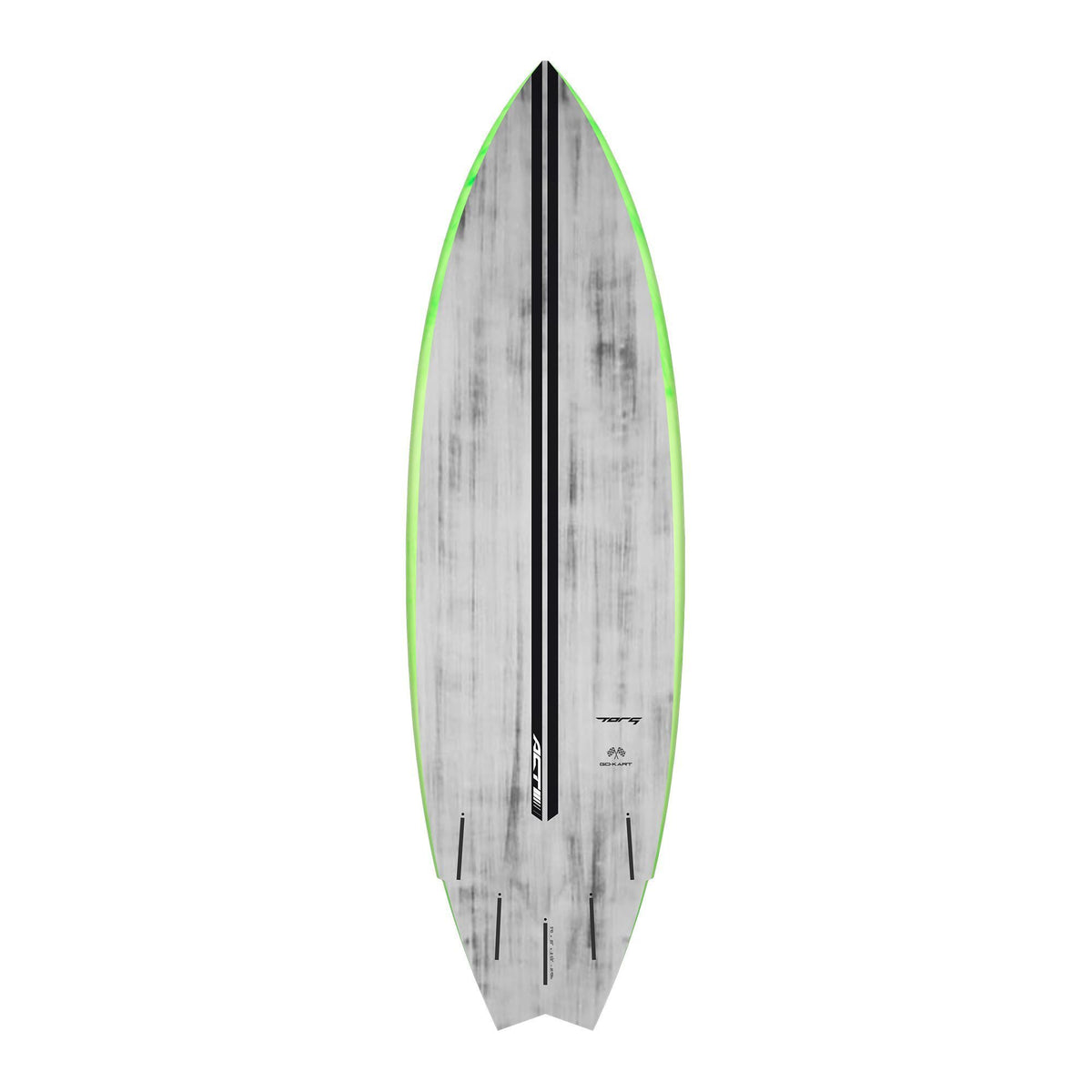 Torq ACT Prepreg Go-Kart Surfboard mit grüner Kante, grauer Oberseite und schwarzem Mittelstreifen, Draufsicht