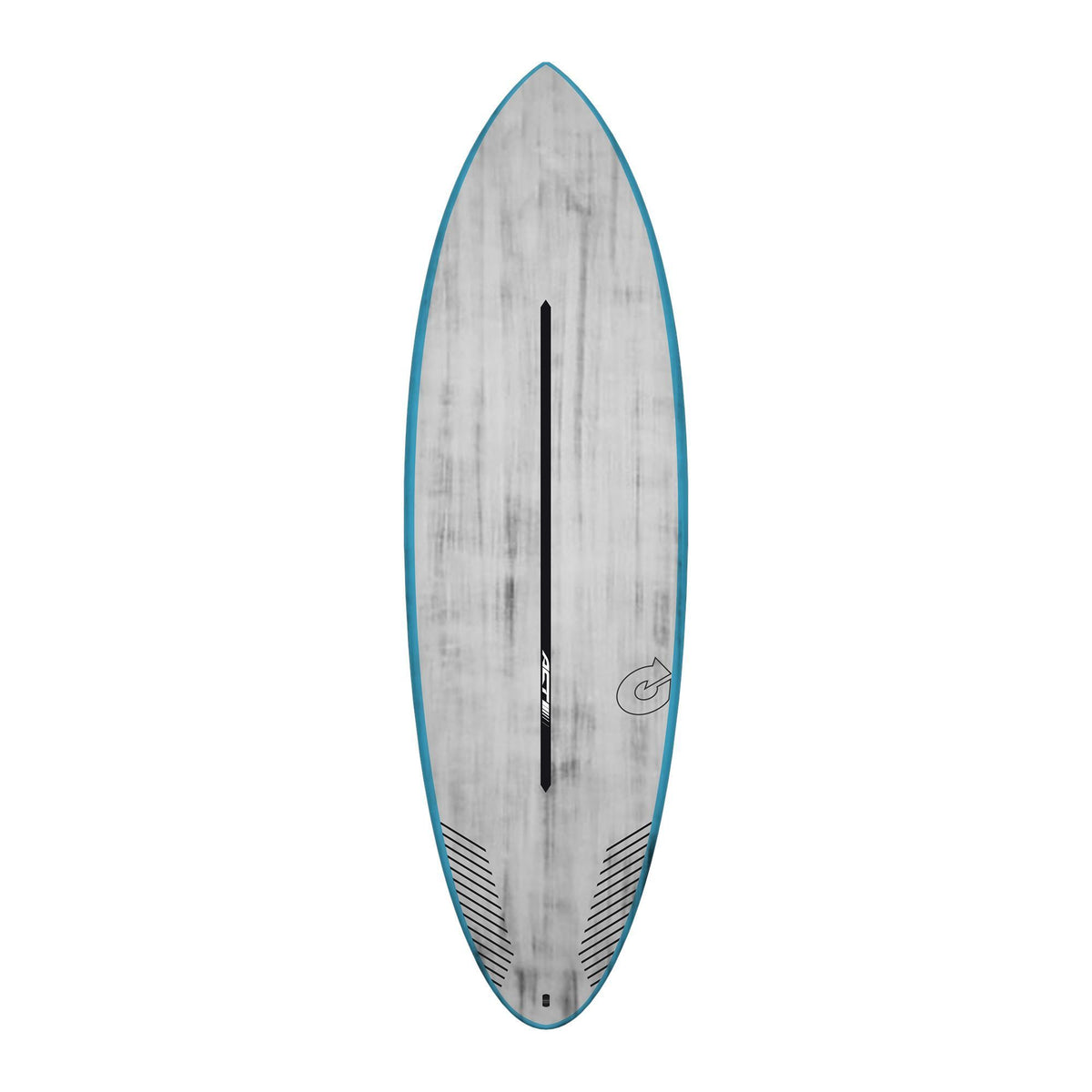 Torq ACT Prepreg Multiplier Surfboard, grau mit blauer Kante, Draufsicht auf das Deck mit schwarzem Mittelstreifen