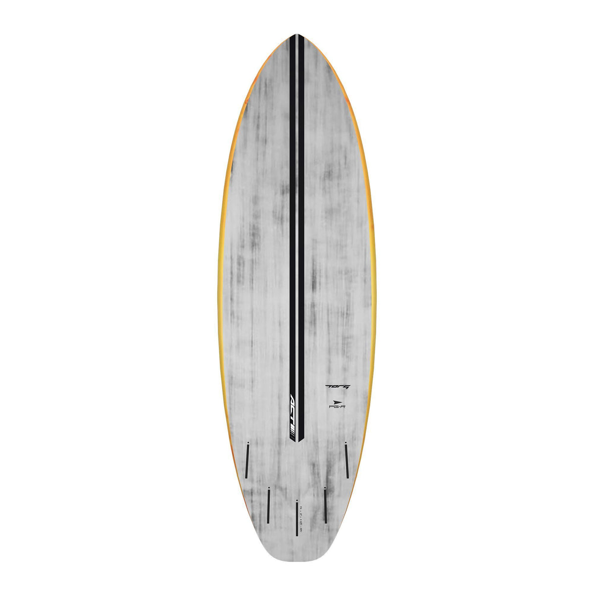 Torq ACT Prepreg PG-R Surfboard mit grauer Oberseite, goldenem Rail und schwarzem Stringer in Draufsicht