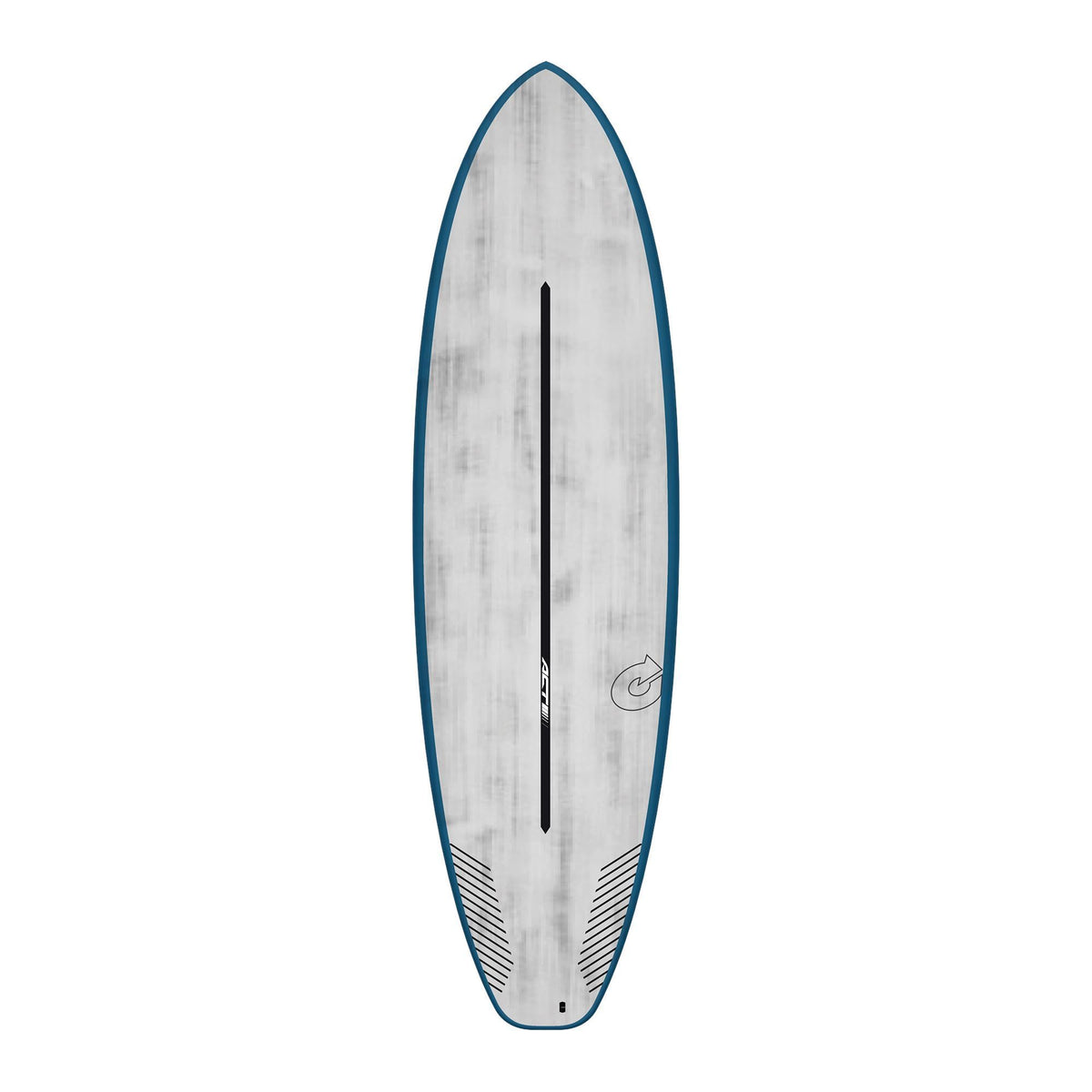 Torq ACT Prepreg BigBoy23 Surfboard mit blauer Kante, grauer Oberseite und schwarzem Mittelstreifen, Draufsicht