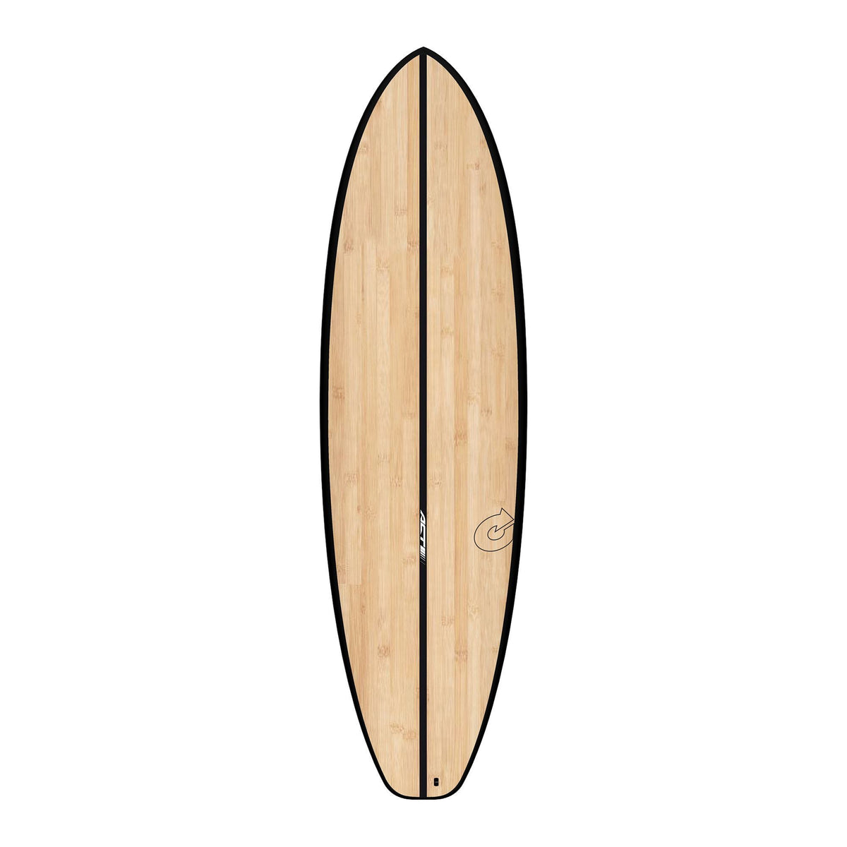 Torq ACT Prepreg BigBoy23 Surfboard mit hellem Holzfinish und schwarzem Rail, Draufsicht
