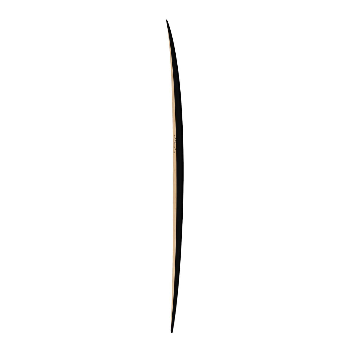Torq ACT Prepreg Chopper Surfboard, schwarze Oberseite mit beigem Streifen, Seitenansicht