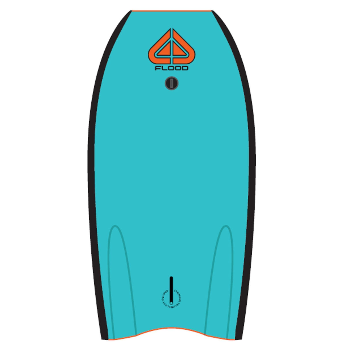 Flood Usurper Bodyboard in Blauaquamarin mit schwarzen Kanten, orangenem Logo auf der Oberseite, Draufsicht