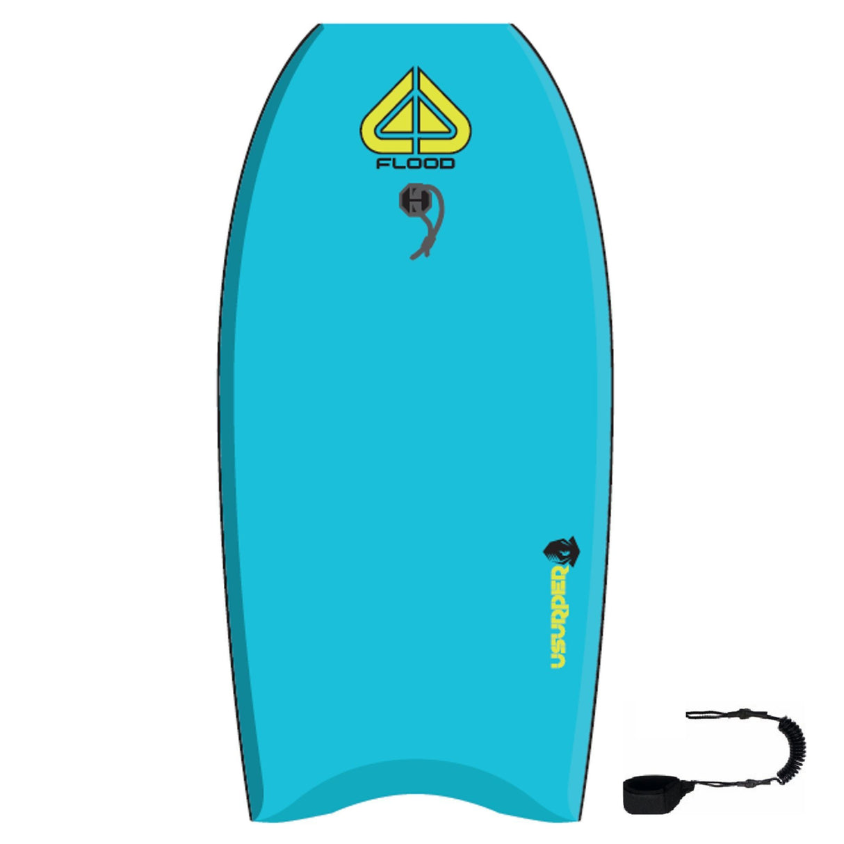 Flood Usurper Bodyboard in Türkis mit gelbem Logo, Draufsicht und Leash, Frontalansicht