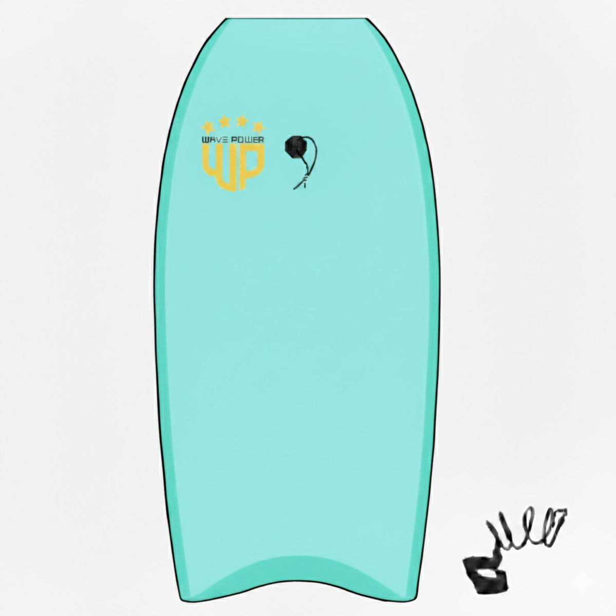 Wave Power Bodyboard Woop in Türkis mit goldenem Logo, Draufsicht des leichten Schaumstoffbretts für Wellenreiten