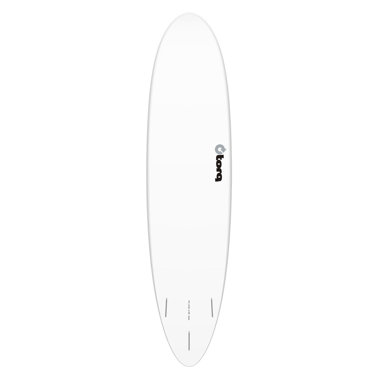 Torq TET MOD Fun & Fish Surfboard, weiß, Draufsicht auf ovales Deck mit Torq-Logo und Finnen-Setup