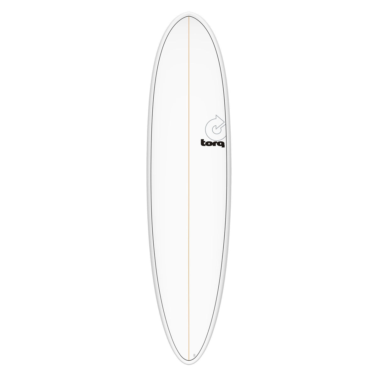 Torq TET MOD Fun & Fish Surfboard, weiß mit grauem Rail, Draufsicht auf das längliche Board mit Fischform-Design