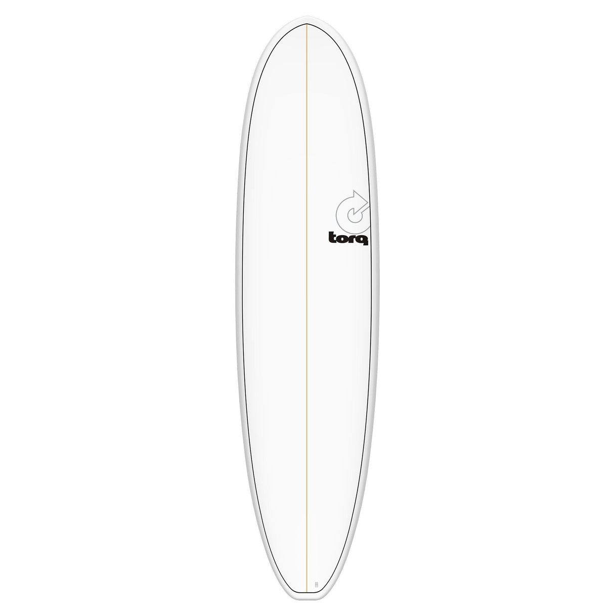 Torq TET V+ MOD Fun Surfboard, weiß mit grauem Rail, Draufsicht auf das komplette Board mit Centerline und Torq-Logo