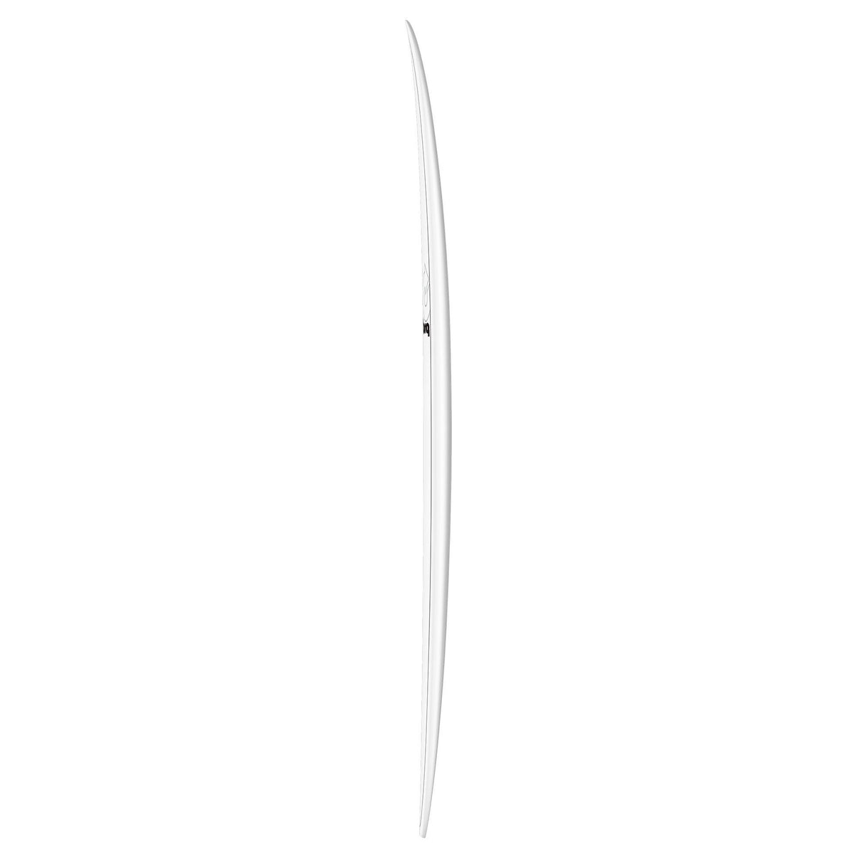 Torq TET V+ MOD Fun Surfboard in Weiß, Seitenansicht, schmales Design mit eleganter Kurvenform