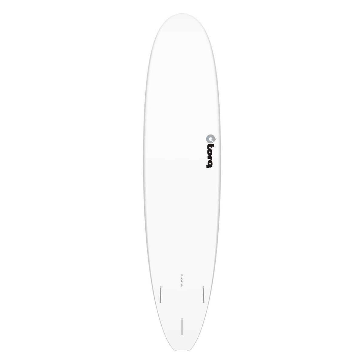 Torq TET Longboard weiß, Draufsicht auf ovales Surfboard mit schwarzem Logo und Finnen