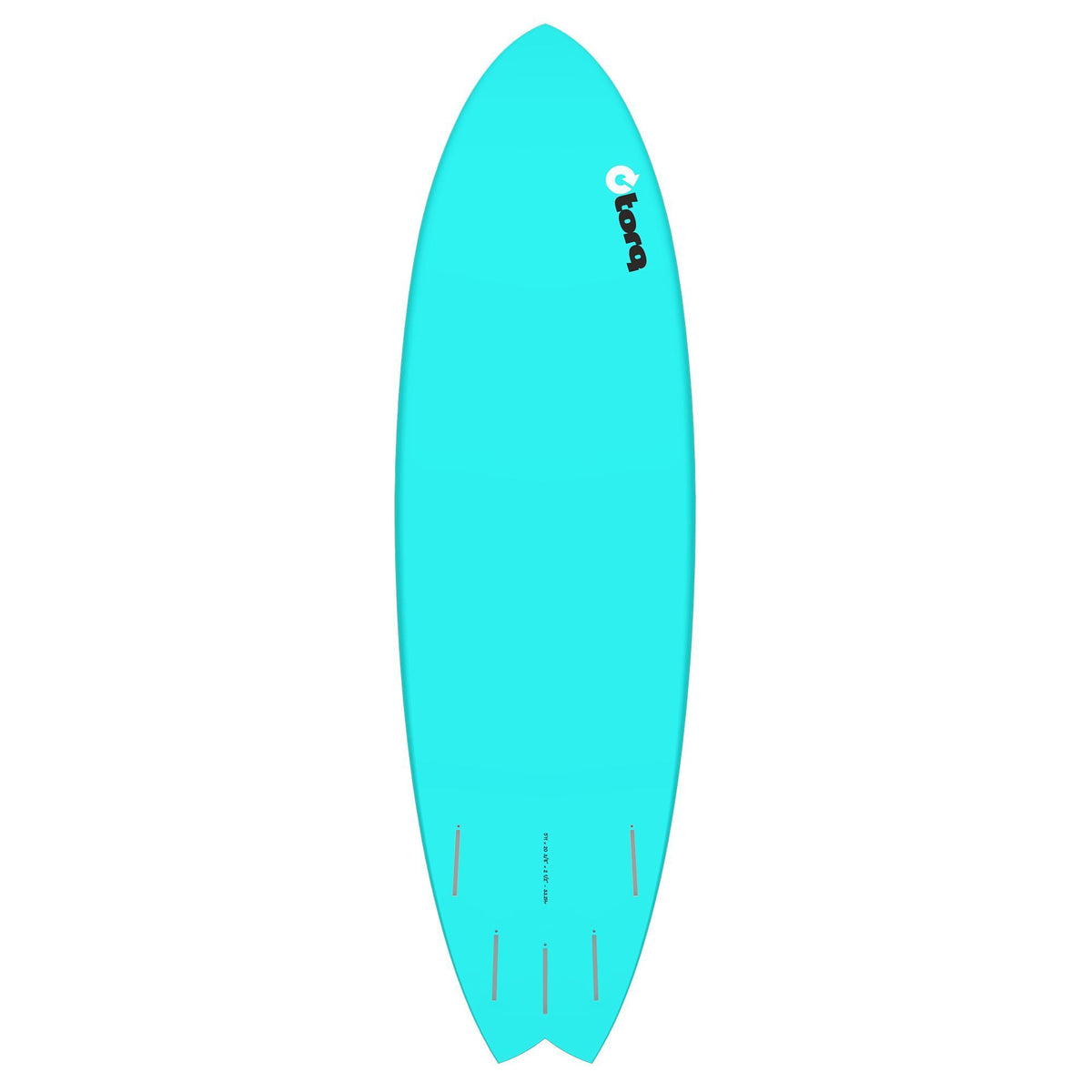 Torq TET MOD Fun & Fish Surfboard in Türkis, Draufsicht auf das helle Kunstharzboard mit Fischform und Finnen