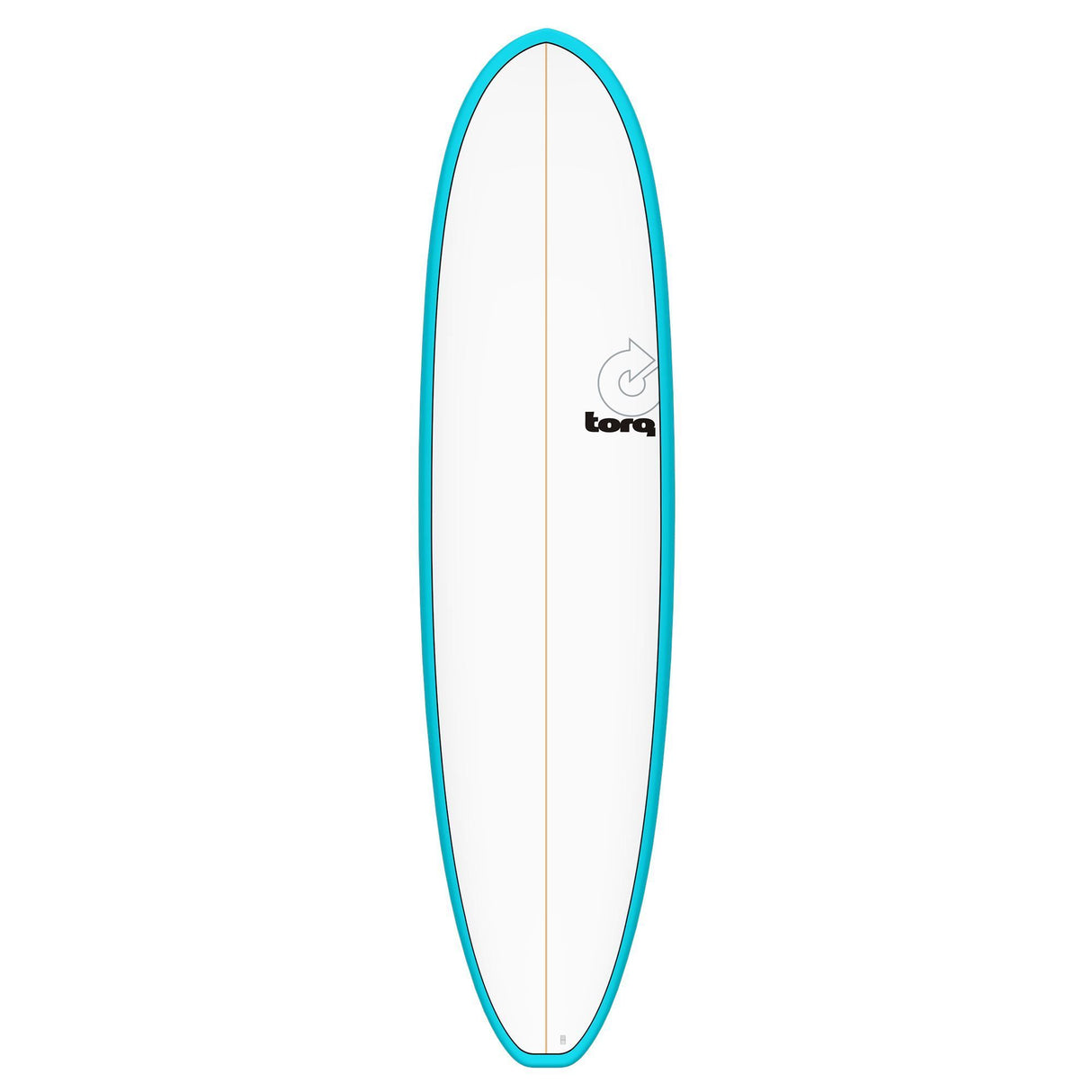Torq TET V+ MOD Fun Surfboard mit türkisem Rail und cremefarbenem Deck, Frontansicht