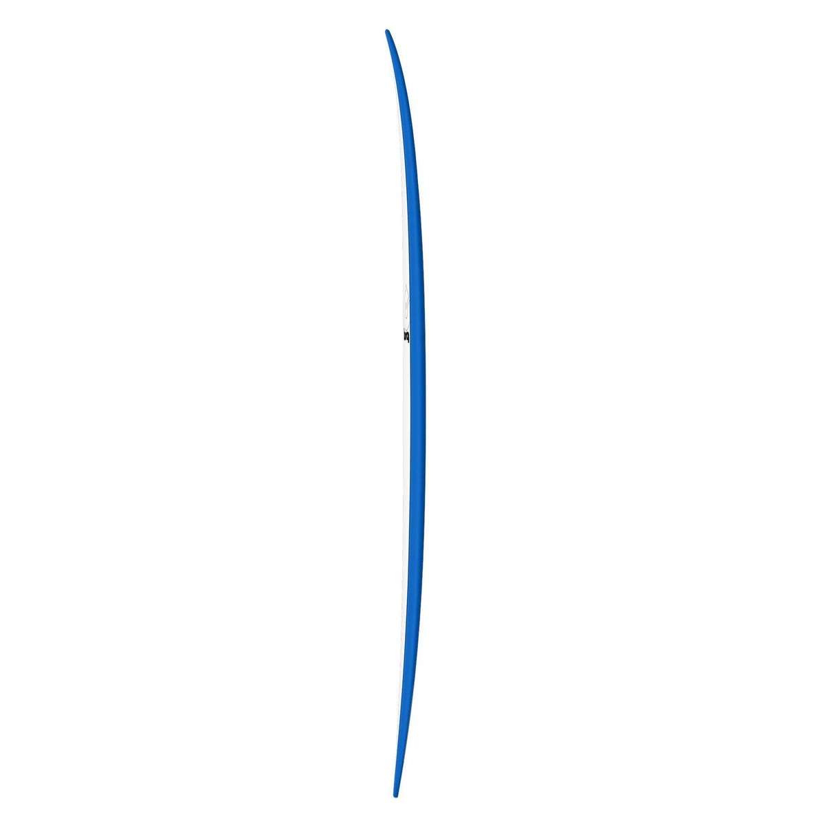 Torq TET Longboard in Blau, Seitenansicht des schlanken Surfboards mit gebogener Form