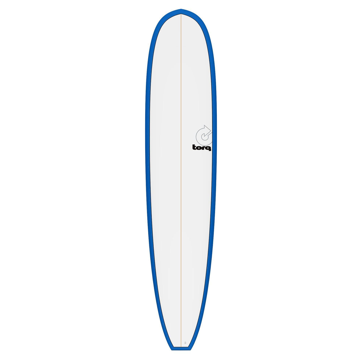 Torq TET Longboard mit blauem Rail und weißem Deck, Draufsicht