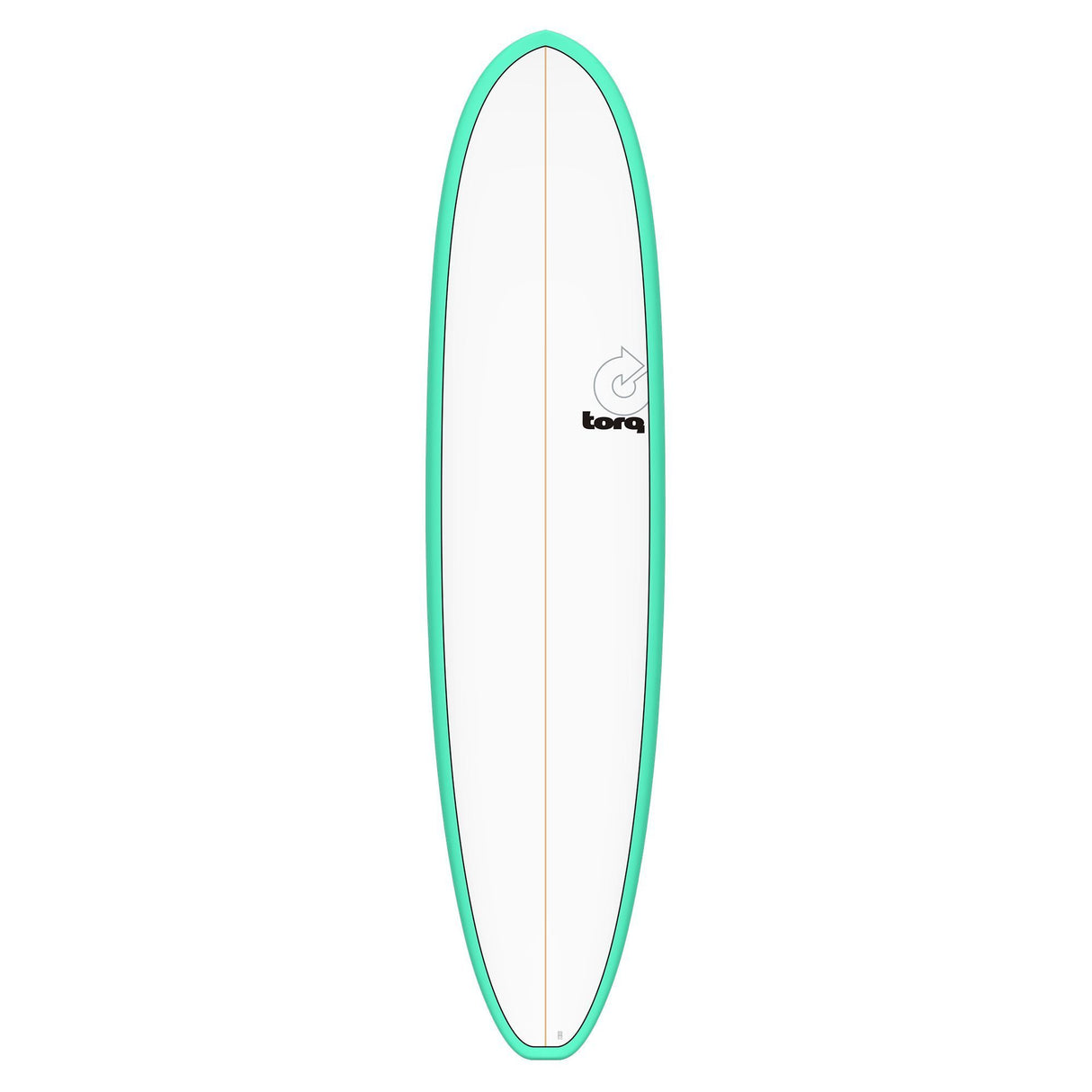 Torq TET V+ MOD Fun Surfboard mit türkisem Rail und cremefarbenem Deck, Ansicht von oben