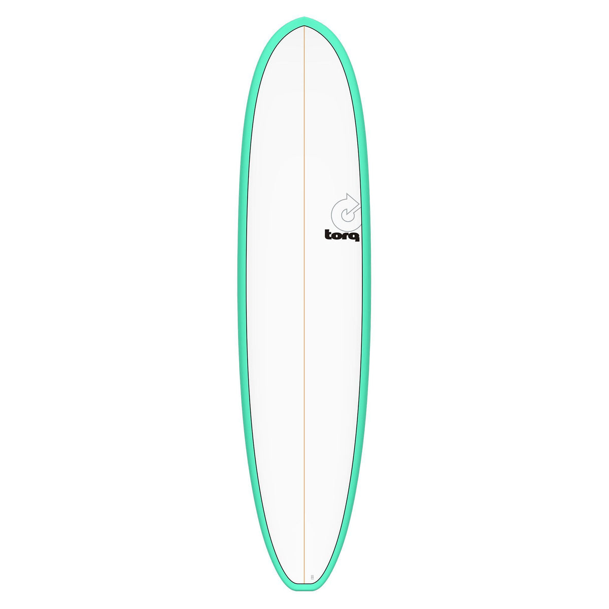 Torq TET V+ MOD Fun Surfboard mit türkisem Rail und cremefarbenem Deck, Ansicht von oben
