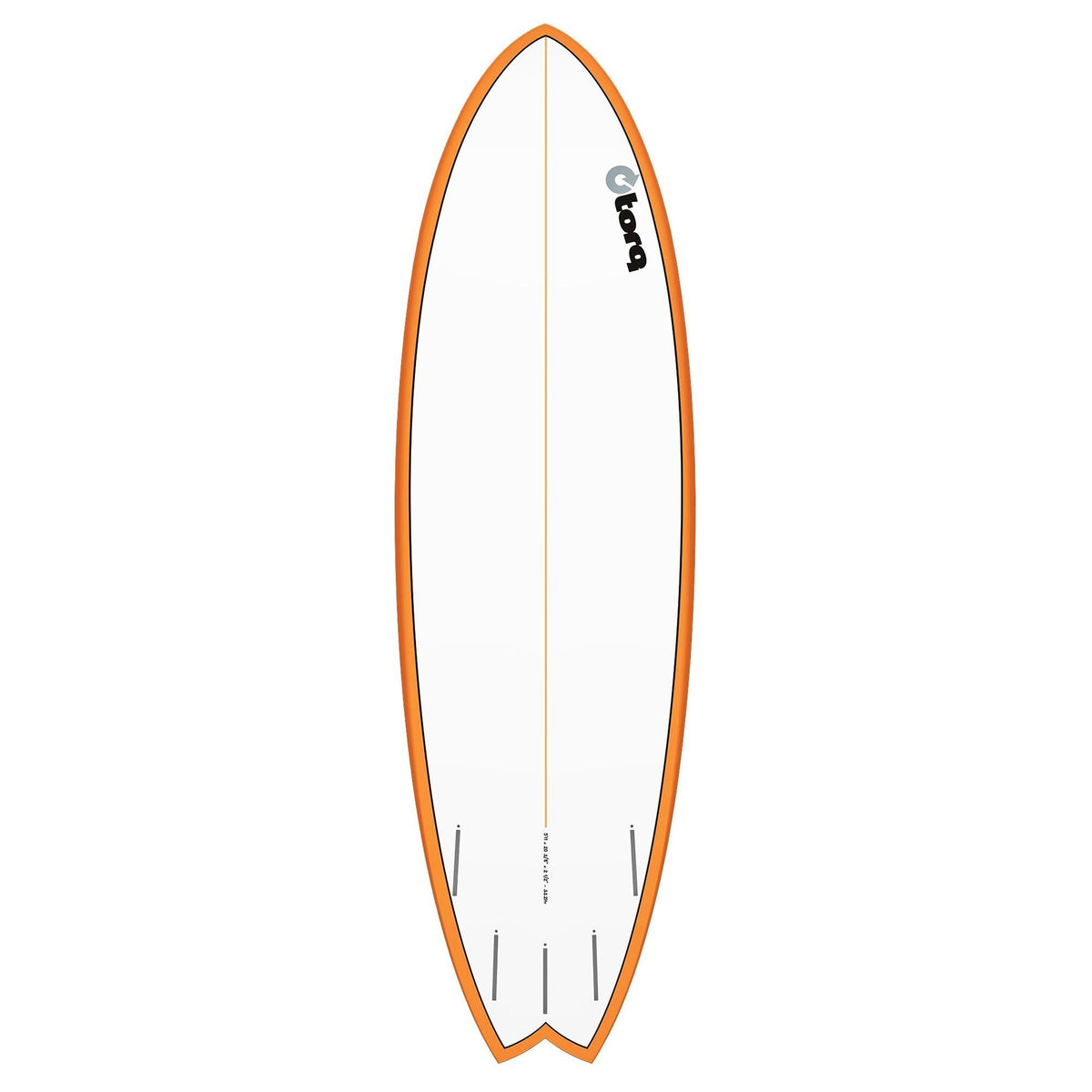 Torq TET MOD Fish Surfboard mit orangem Rail und weißem Deck, Draufsicht