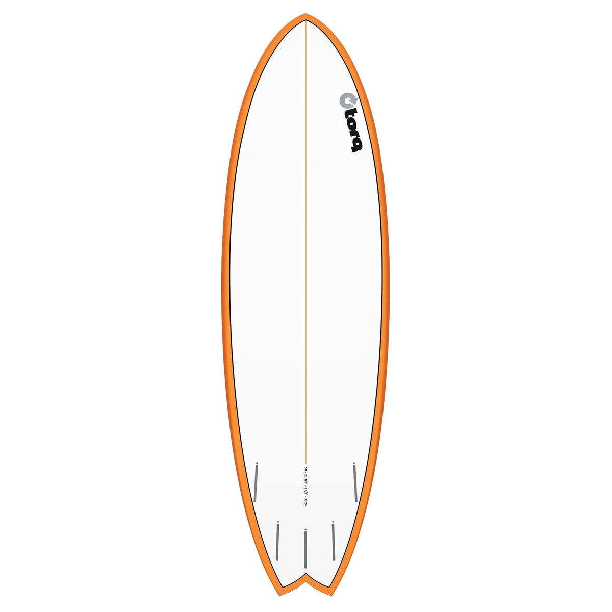 Torq TET MOD Fish Surfboard in Koralle, Draufsicht, kompakte Fischform mit abgerundetem Nose und Swallowtail, modernes Design