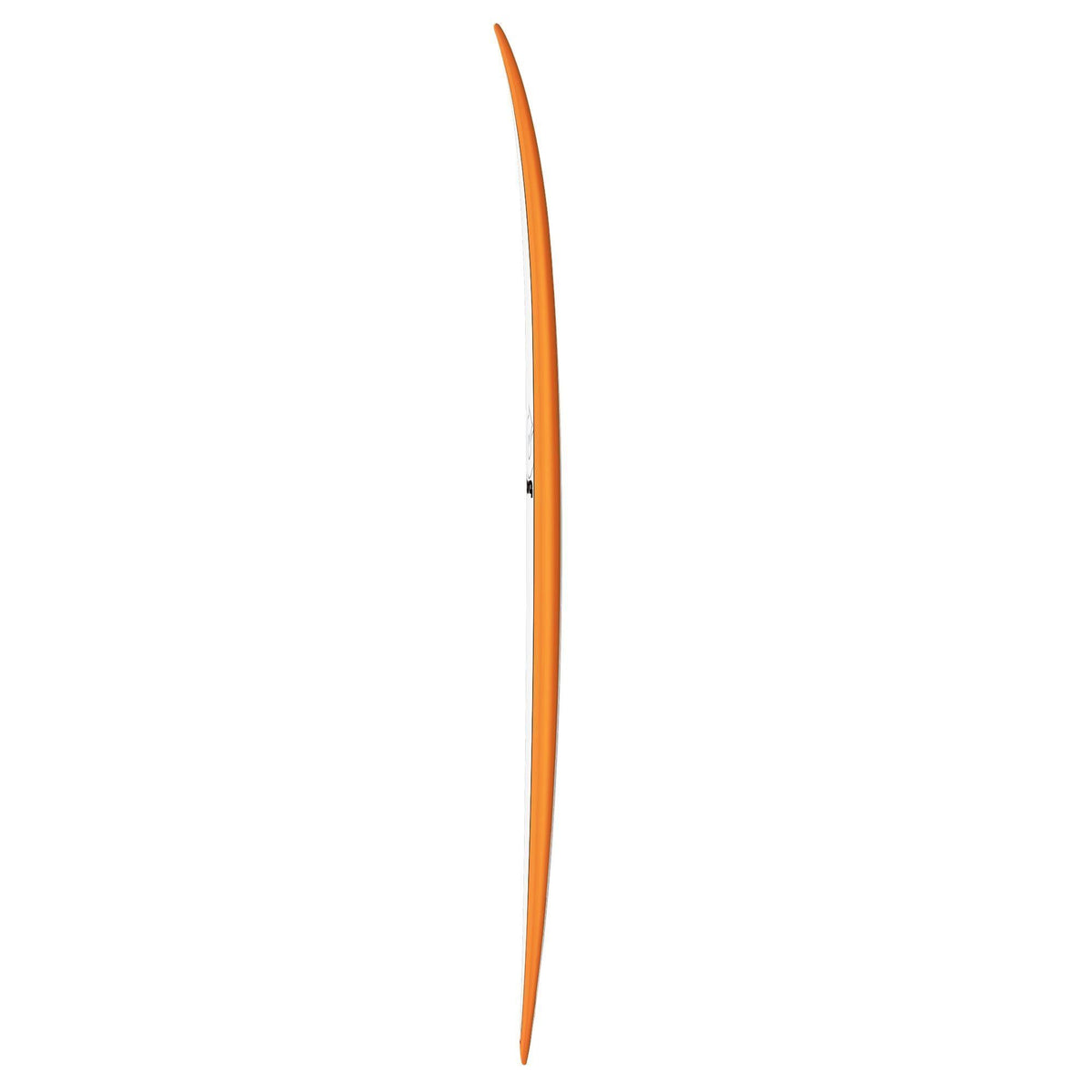 Torq TET MOD Fish Surfboard in Orange, Seitenansicht des schlanken Fischboards mit spitzer Nose und Tail