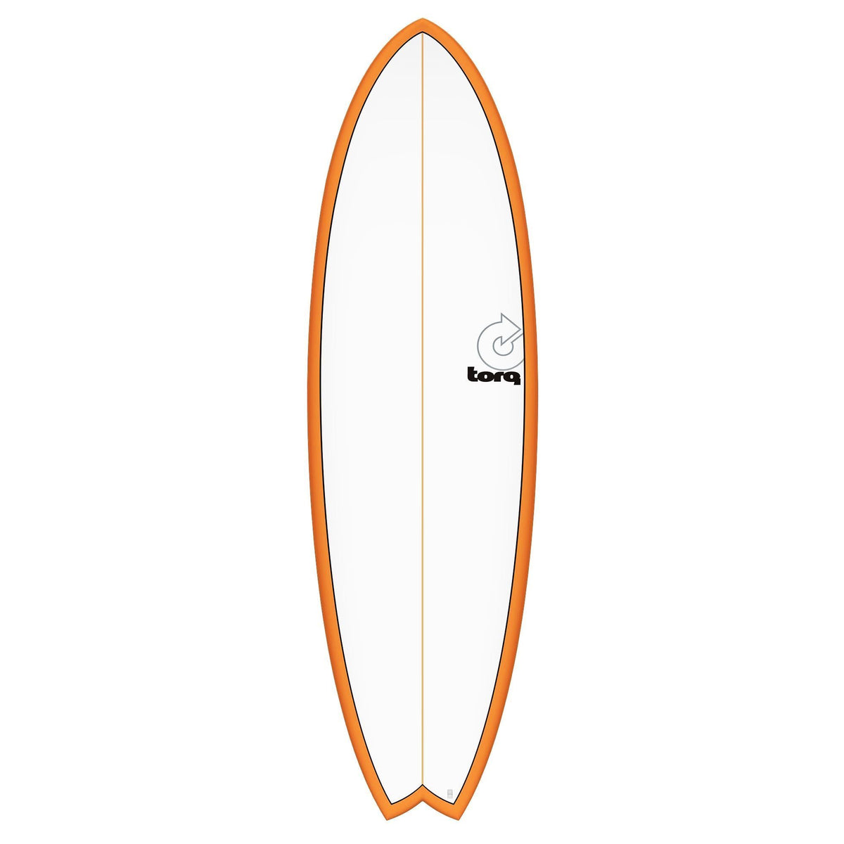 Torq TET MOD Fish Surfboard mit orangem Rails und weißem Deck, Draufsicht