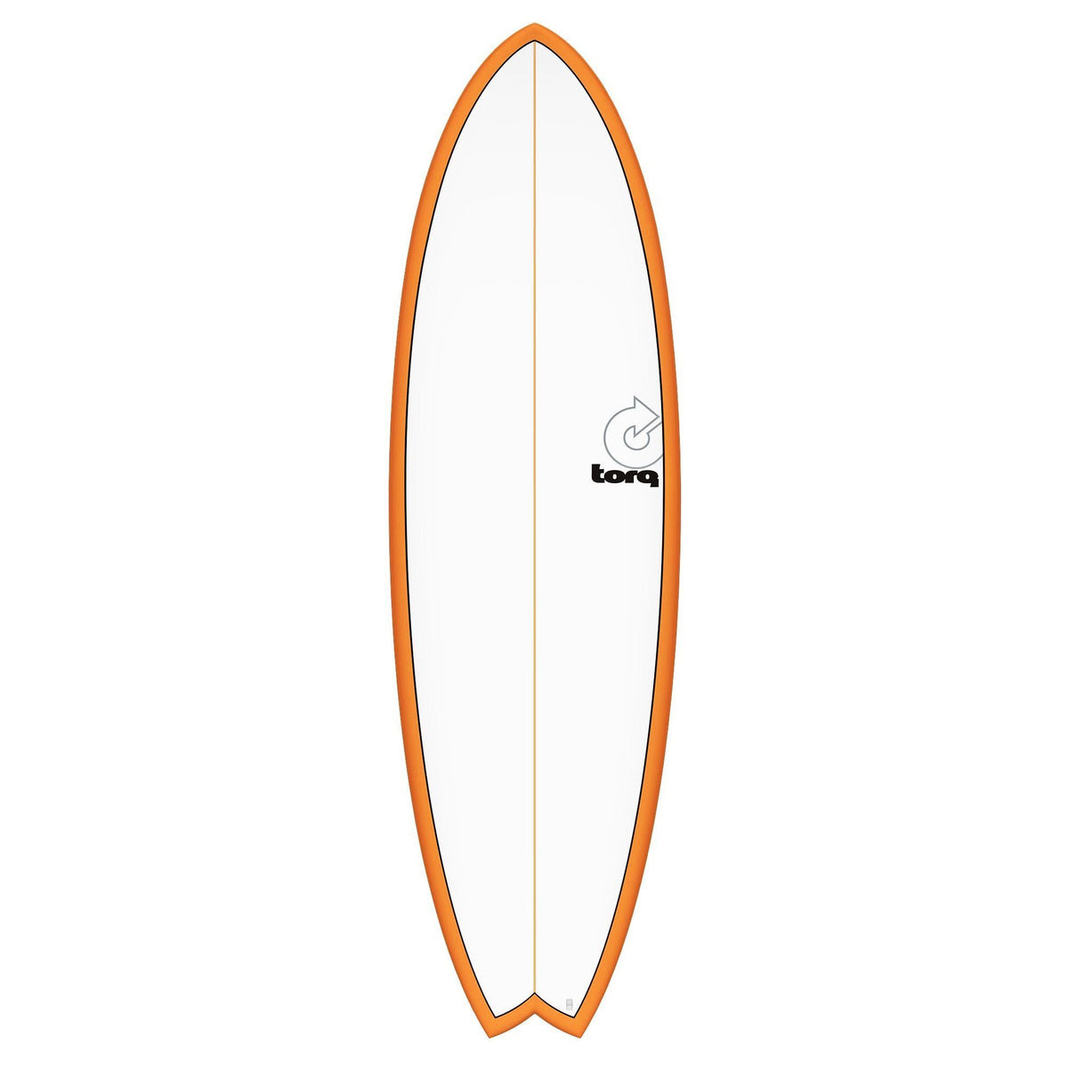 Torq TET MOD Fish Surfboard in Apricot mit abgerundetem Tail, Frontansicht